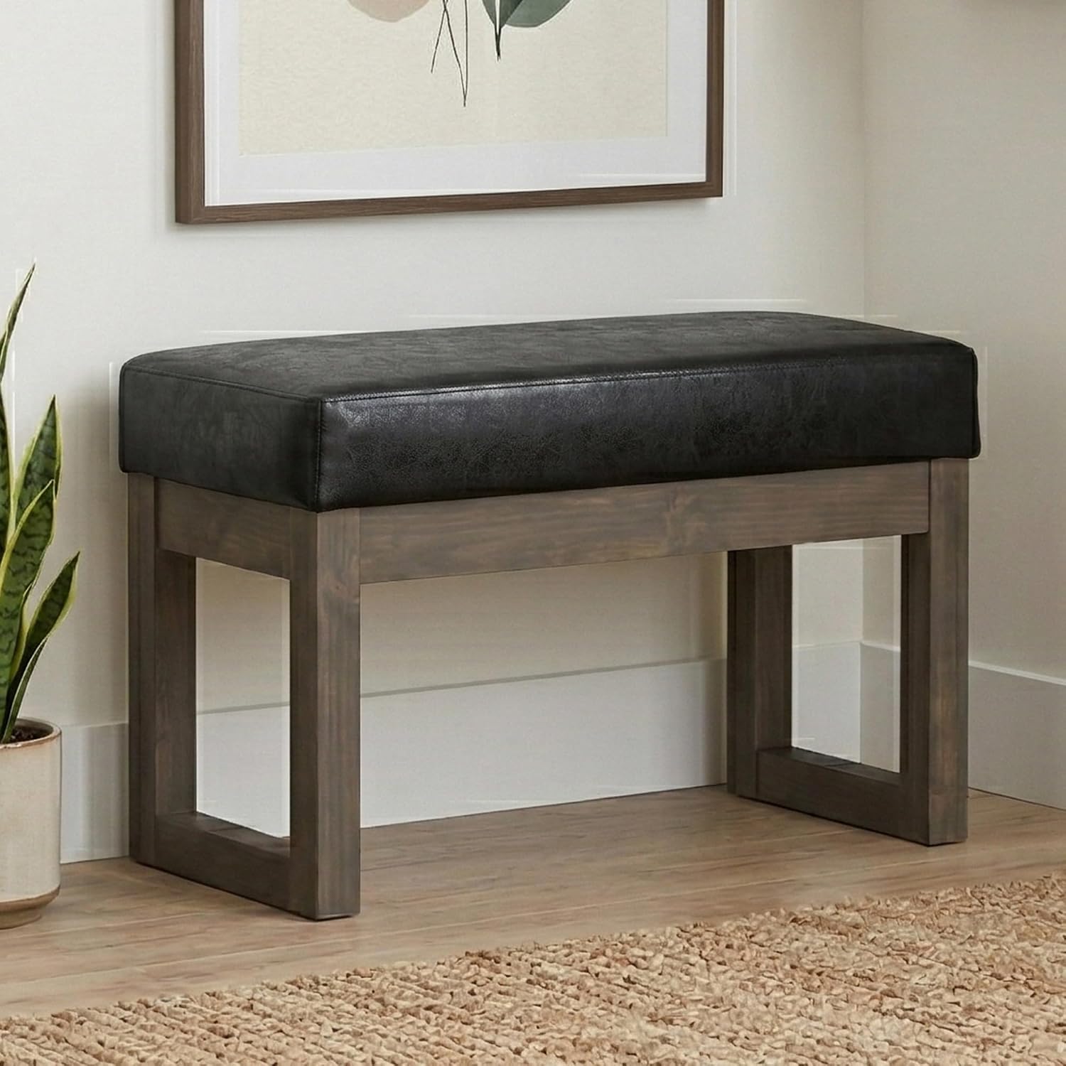 SIMPLIHOME Milltown Small Ottoman Bench - 27' Wide x 18' High Upholstered Vegan Leather Rectangle Footstool Ottoman in Distressed Black, Contemporary Bench for Bedroom with Cushioned Seat, Assembled
