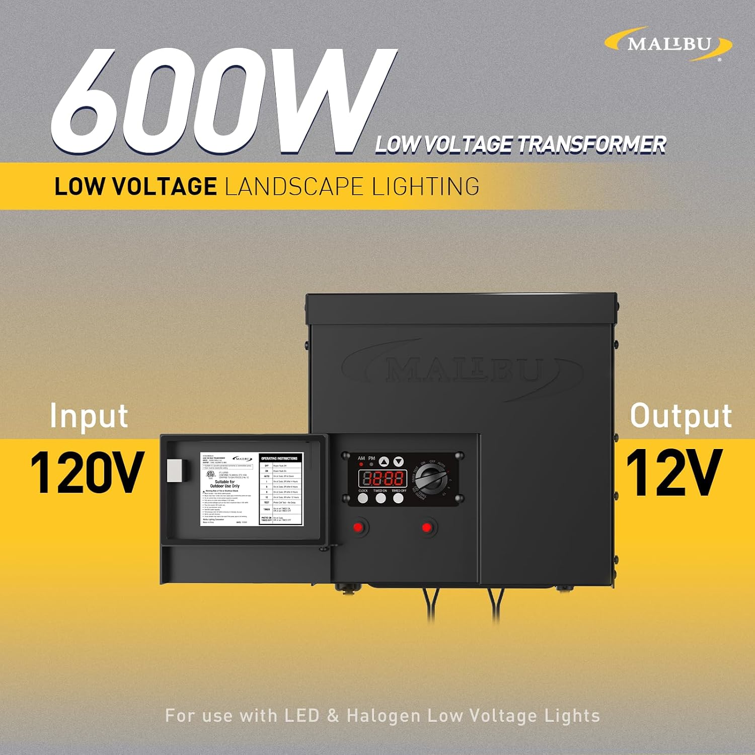 Malibu 600W Low Voltage Transformer Outdoor Landscape Lighting Transformer 120V AC to 12V AC with Sensor and Weather Shield for Garden LED Lighting, Spotlight, Pathway Light, ETL Listed