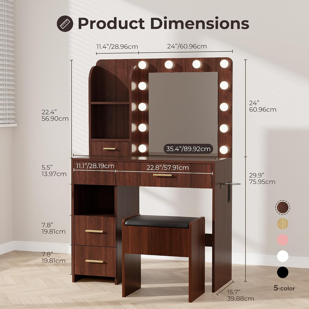 Otterease Vanity Desk with LED Lighted Mirror&Power Outlet, 3 Lighting Colors Makeup Vanity Desk with 5 Large Drawers and 3 Storage Shelves, Walnut Vanity with Storage Stool for Bedroom