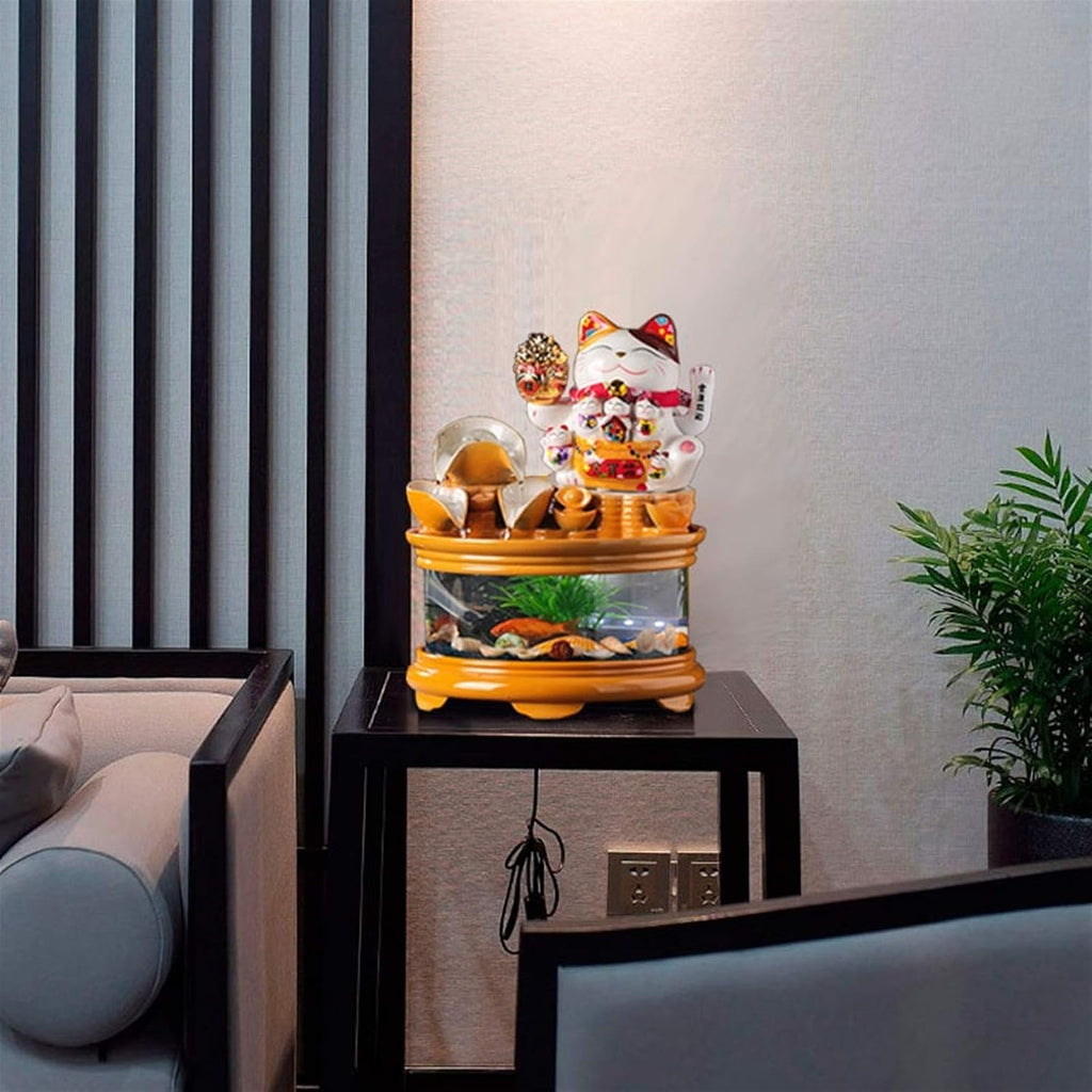 Fountain Waterfall Glass Fish Tank with Lucky Cat, Indoor Ceramic Cascading Decorative Fountain for Home Office Tabletop Indoor Relax, Christmas Ideas