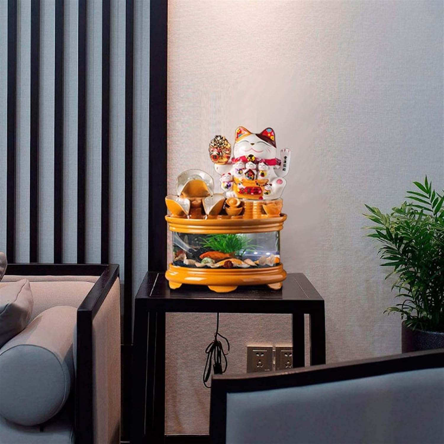 Fountain Waterfall Glass Fish Tank with Lucky Cat, Indoor Ceramic Cascading Decorative Fountain for Home Office Tabletop Indoor Relax, Christmas Ideas