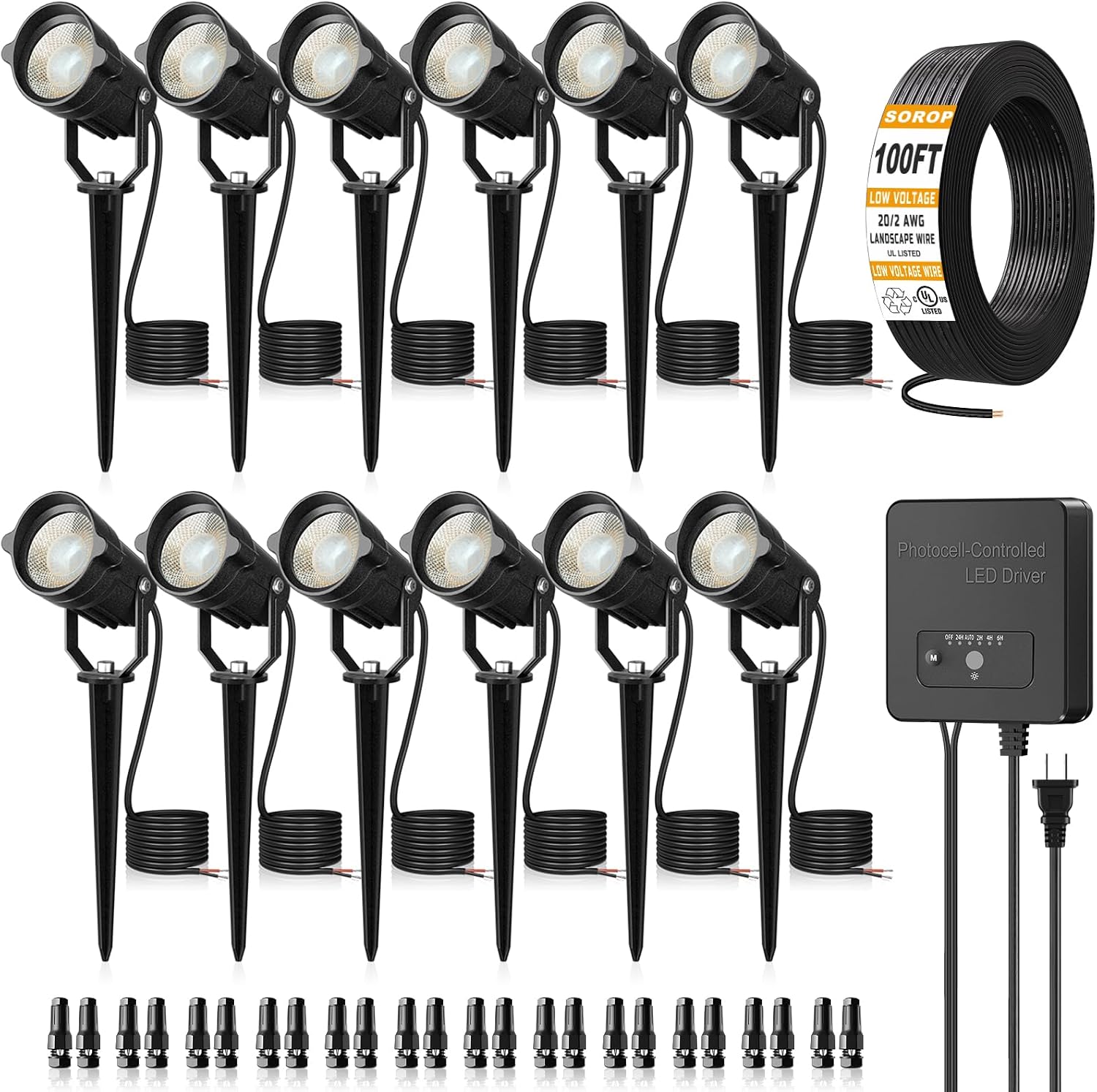 6W Landscape Lighting Kit, Low Voltage Landscape Lights with Transformer 100FT UL-Listed Wire & Connectors, 3000K Waterproof Outdoor Spot Lights for Yard House Tree 12V-24V 12Pack