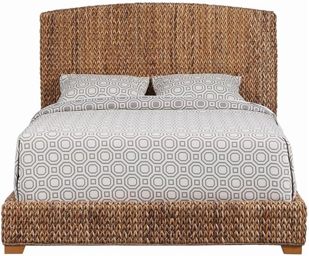 BOWERY HILL Farmhouse Wood Queen Panel Bed, Amber Brown and Honey Finish, Banana Leaf Upholstered Mahogany Frame, Solid Mahogany Legs, Tropical Style Bedroom Furniture, 55 in H x 67 in W x 88.25 in D