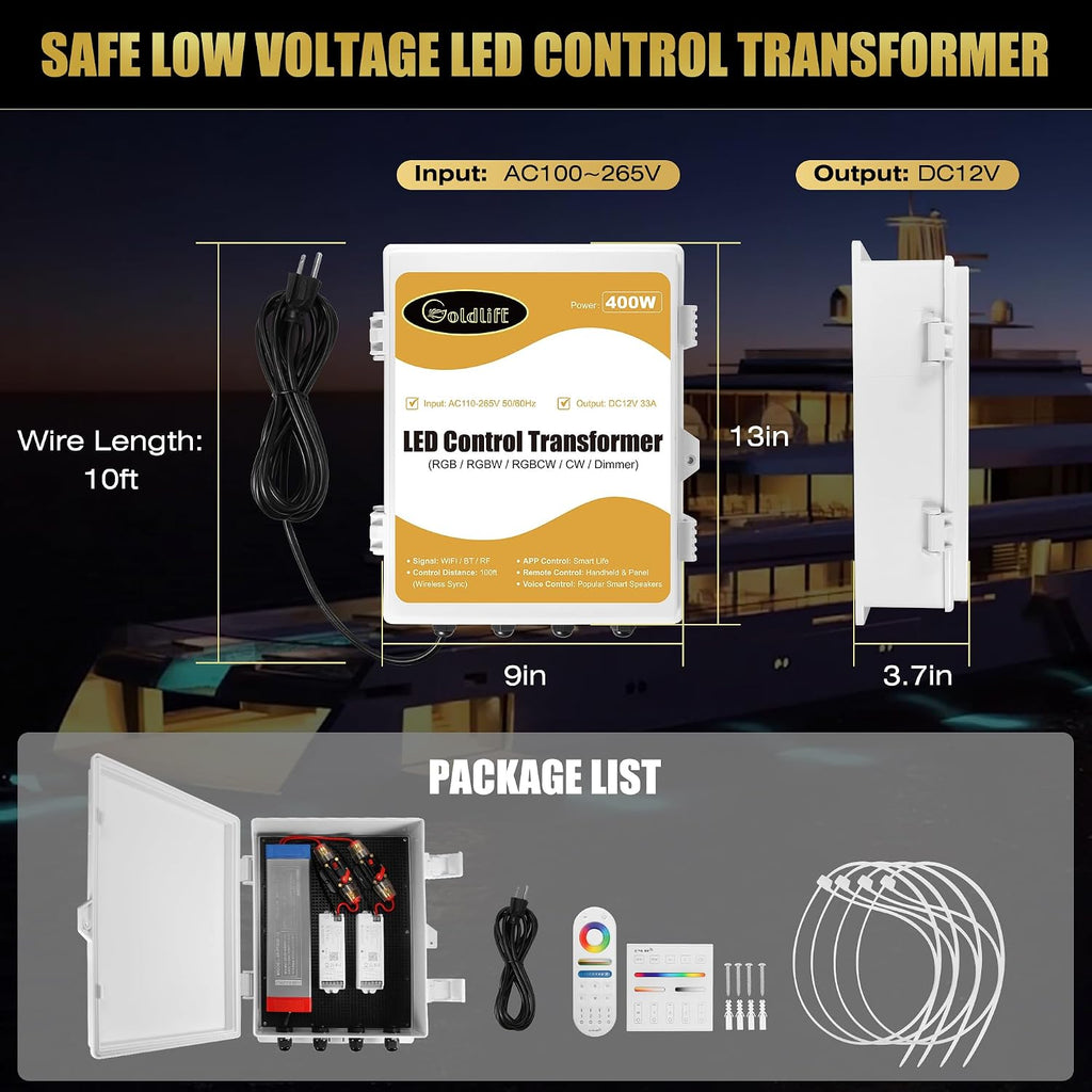 Goldlife C1 400W LED Control Transformer Box, AC110-265V to DC12V Low Voltage Transformer + RGB CCT 5in1 LED Controllers + RF Handheld/Panel Remoters for Pool Boat Landscape Outdoor Lights