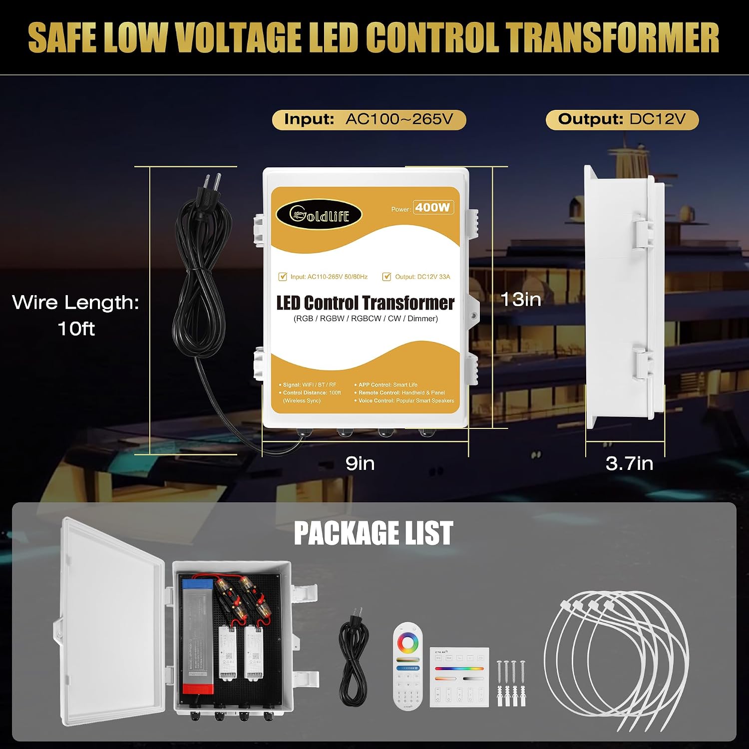 Goldlife C1 400W LED Control Transformer Box, AC110-265V to DC12V Low Voltage Transformer + RGB CCT 5in1 LED Controllers + RF Handheld/Panel Remoters for Pool Boat Landscape Outdoor Lights