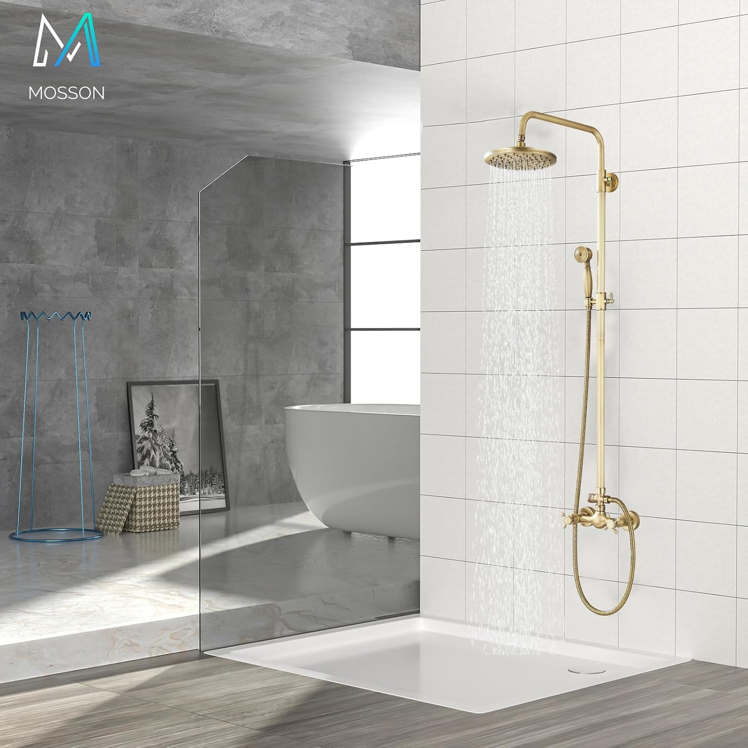 Antique Brass Shower System Bathroom Shower Faucet Set with 8 Inch Rainfall Shower Head Handheld Spray 2 Cross Handles Wall Mounted Outdoor Shower Fixtures Solid Brass