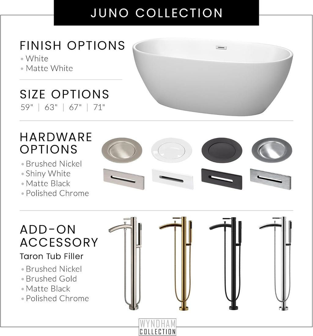 'Juno 71 Inch Freestanding Bathtub in Matte White with Floor Mounted Faucet, Drain and Overflow Trim in Polished Chrome'