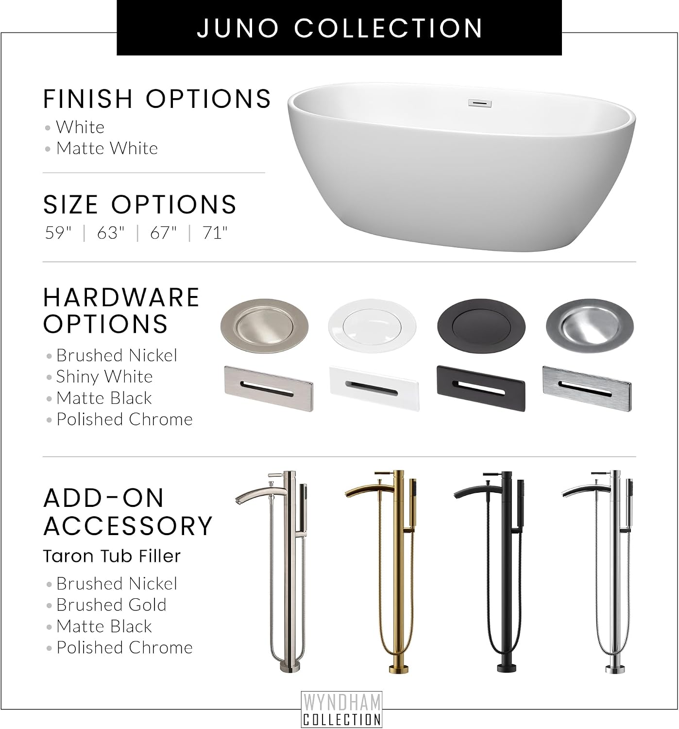 'Juno 71 Inch Freestanding Bathtub in Matte White with Floor Mounted Faucet, Drain and Overflow Trim in Polished Chrome'