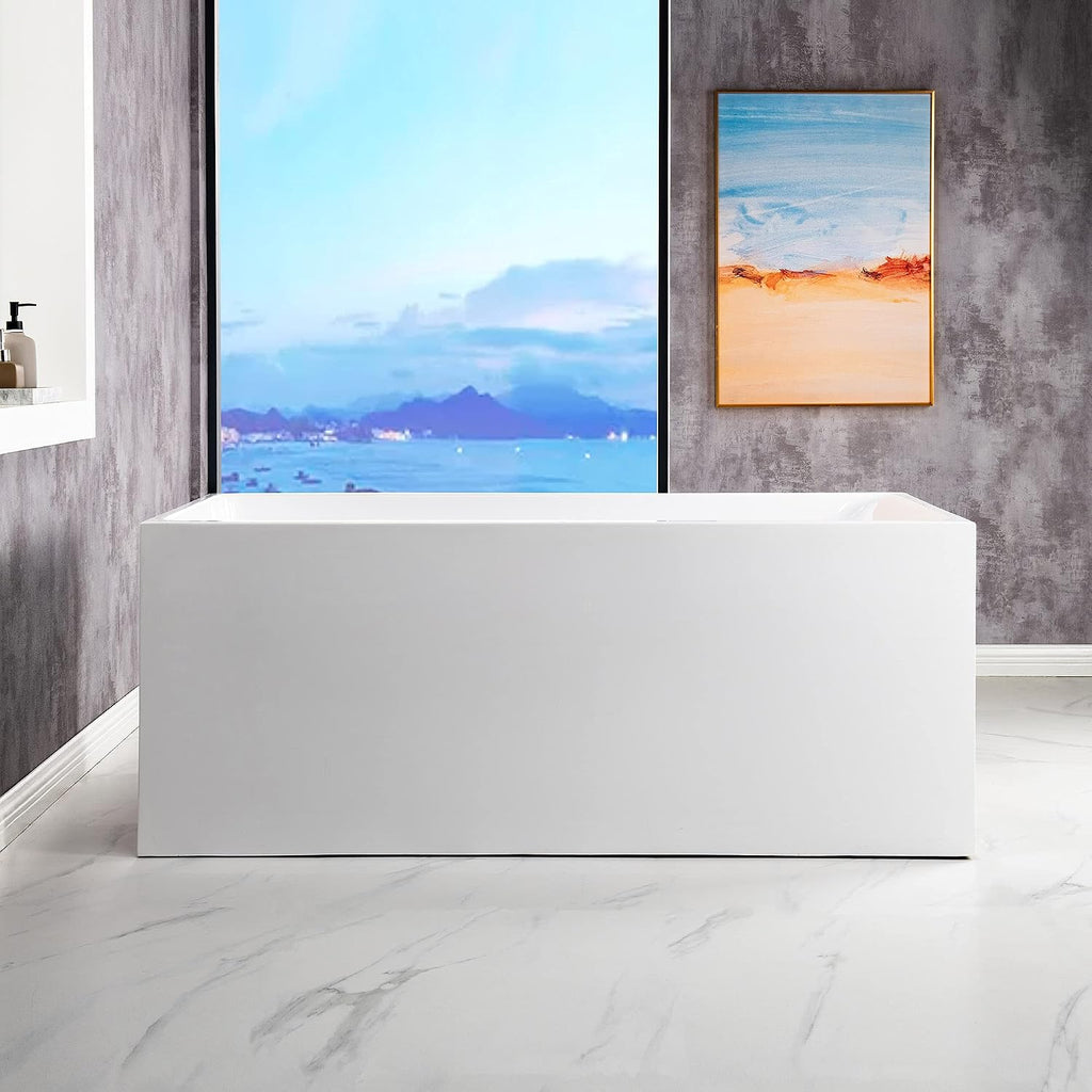 WOODBRIDGE 59' Acrylic Freestanding Bathtub Contemporary Soaking White Tub with Matte Black Overflow and Drain，BTA0081-MB-Drain&O