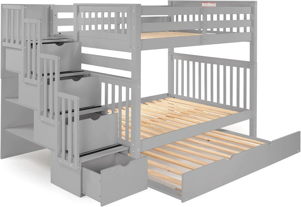 Bedz King Stairway Bunk Beds Full Over Full, 4 Step Drawers, Twin Trundle, Gray