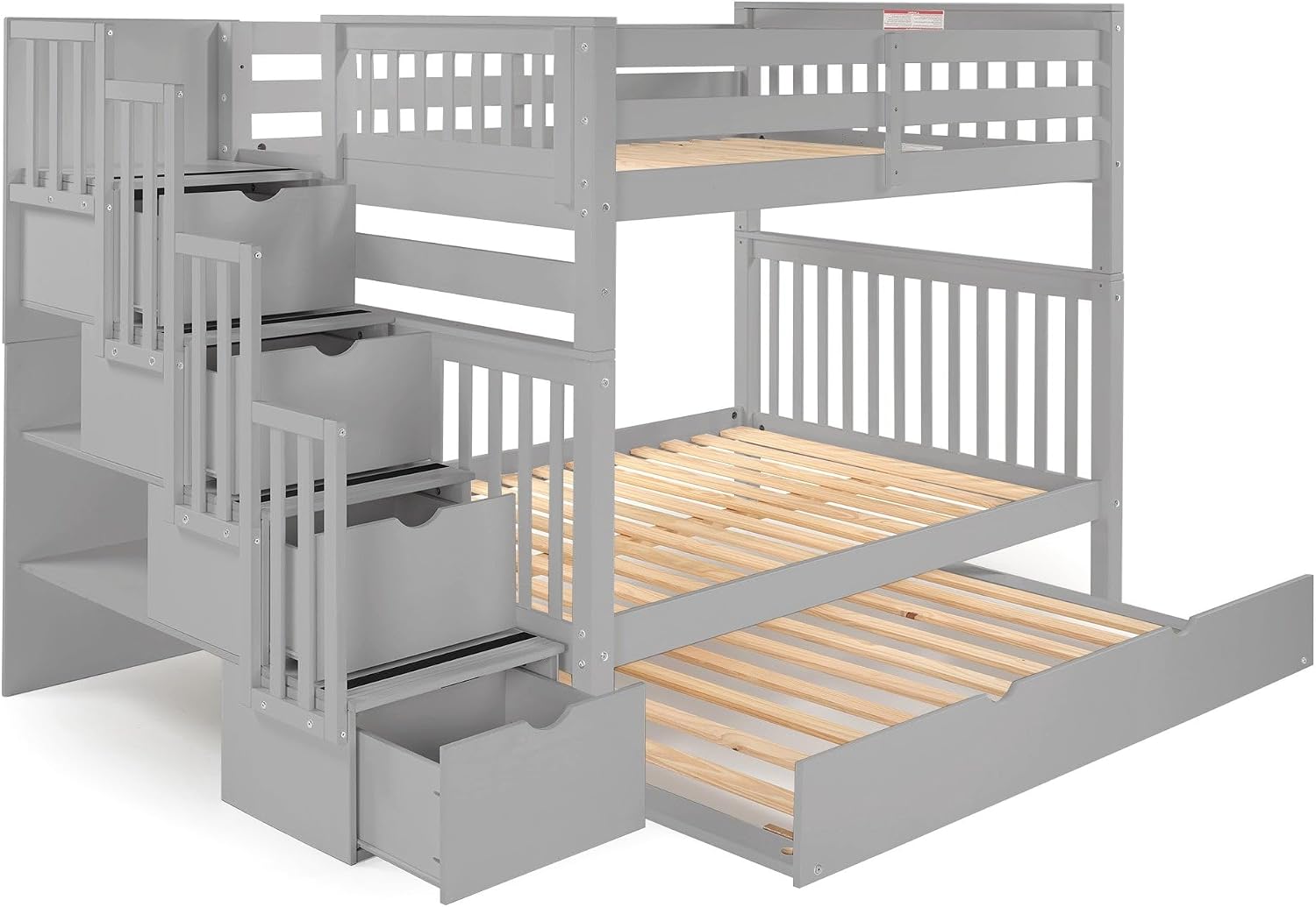 Bedz King Stairway Bunk Beds Full Over Full, 4 Step Drawers, Twin Trundle, Gray