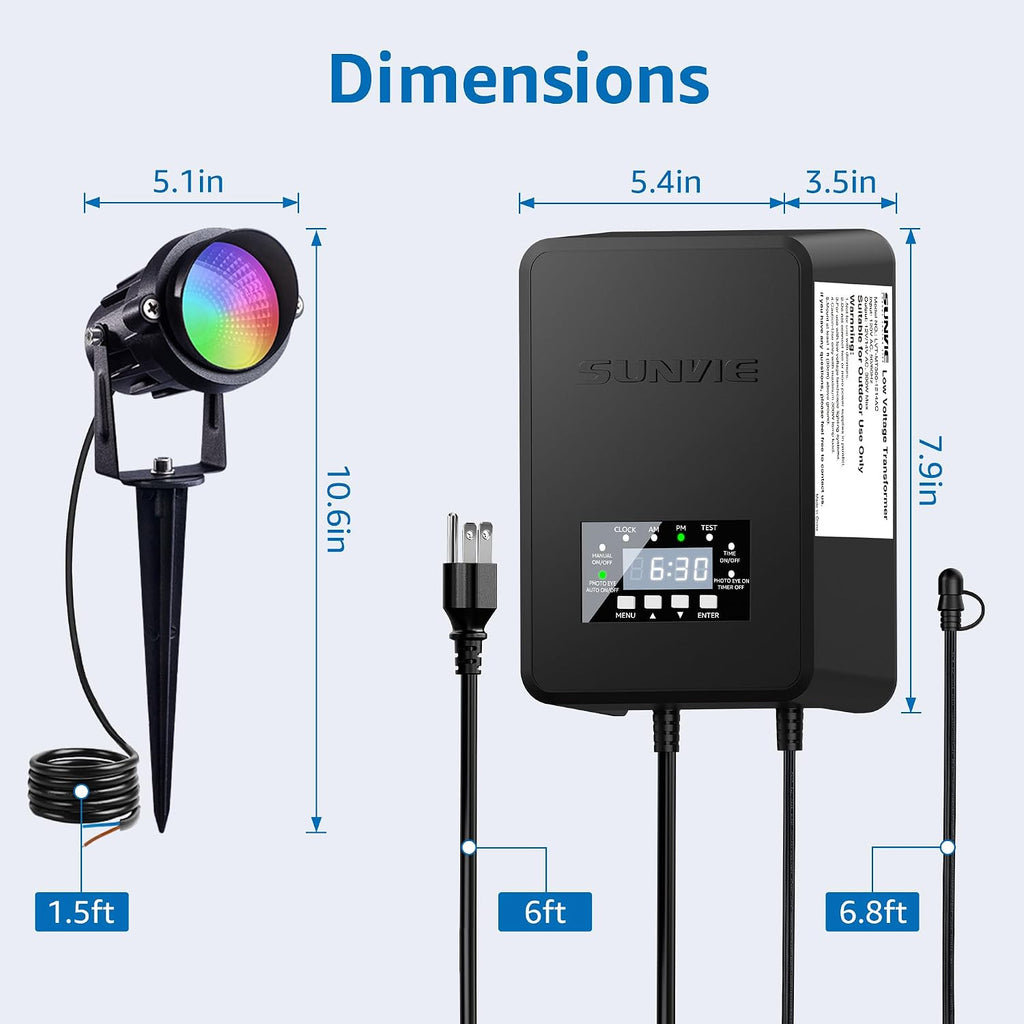 SUNVIE 12 Pack RGBW Color Changing Landscape Lights with 300W Low Voltage Landscape Transformer 12-24V LED Landscape Lighting Kit Waterproof Multicolor Spotlights for Christmas House Yard Tree Garden