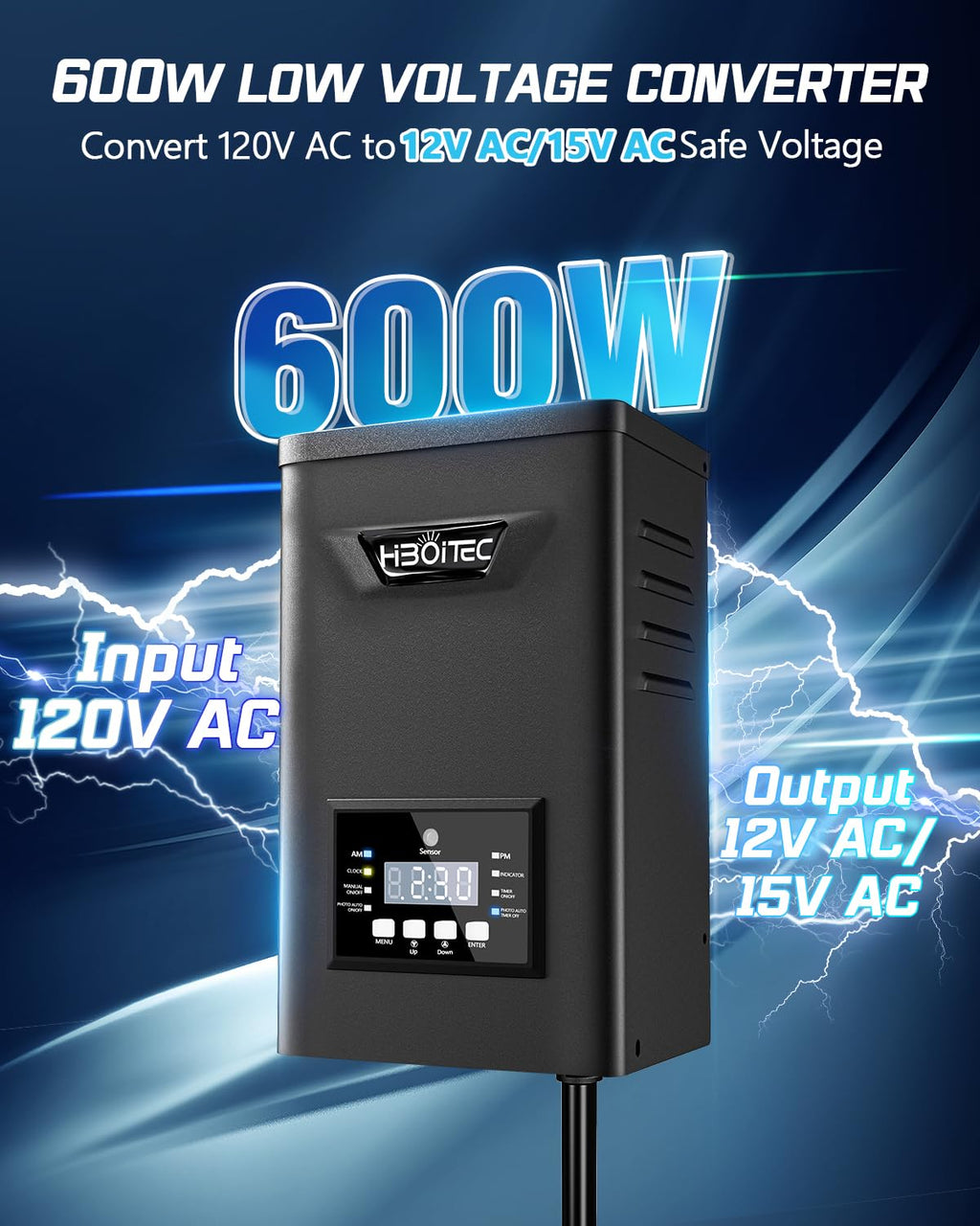 HIBOITEC 600W Low Voltage Landscape Transformer with Dusk to Dawn Photocell Timer, Instant Memory After Outage,120 AC to 12/15 AC Weatherproof Outdoor Lighting Transformer for Long Runs Whole Yard