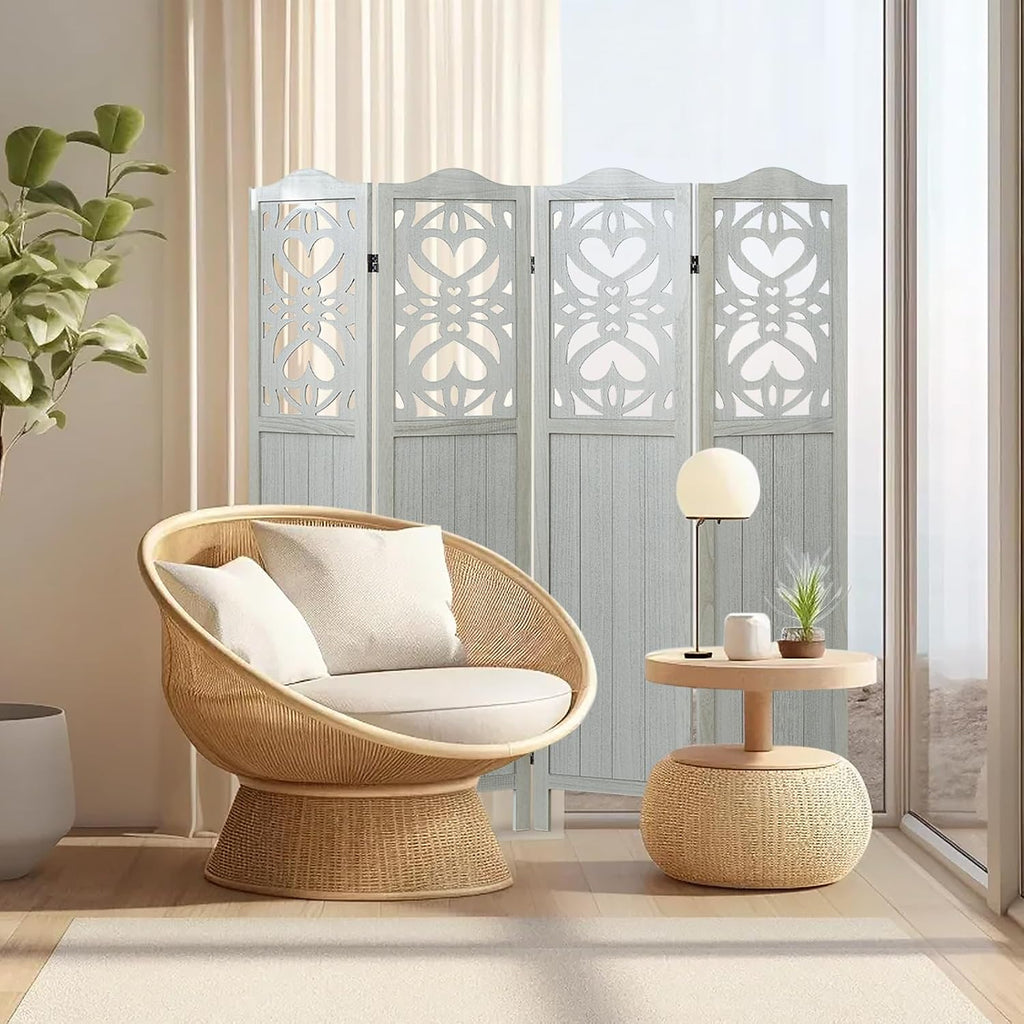 Wood Room Divider 4 Panel 5.6Ft Carved Room Divider and Folding Privacy Screen, Minimalism Portable Partition Screen Divider for Room Separation, Room Decoration for Home Office - White