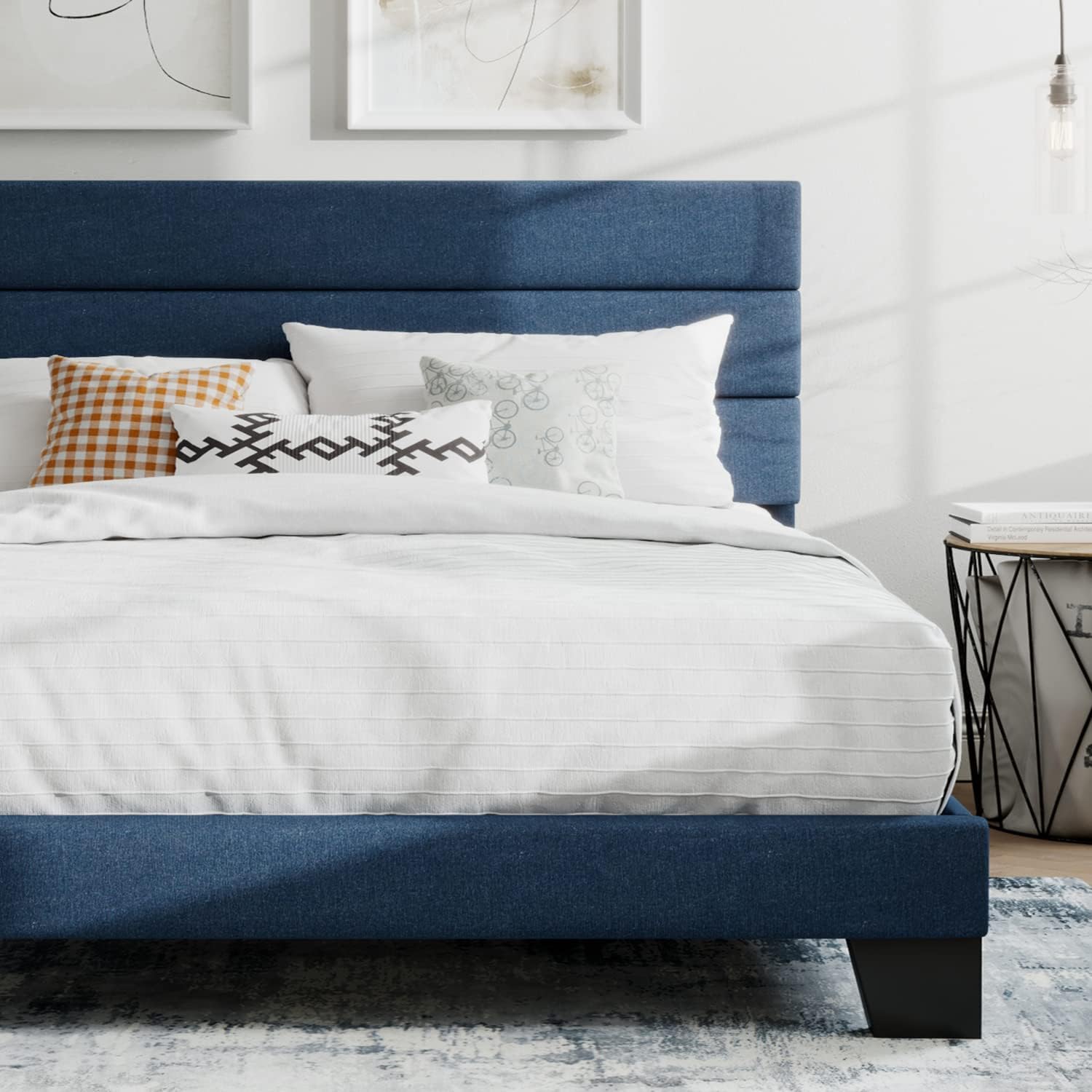 SHA CERLIN King Platform Bed Frame with Upholstered Fabric Headboard, Mattress Foundation with Strong Wooden Slats Support, No Box Spring Needed, Blue