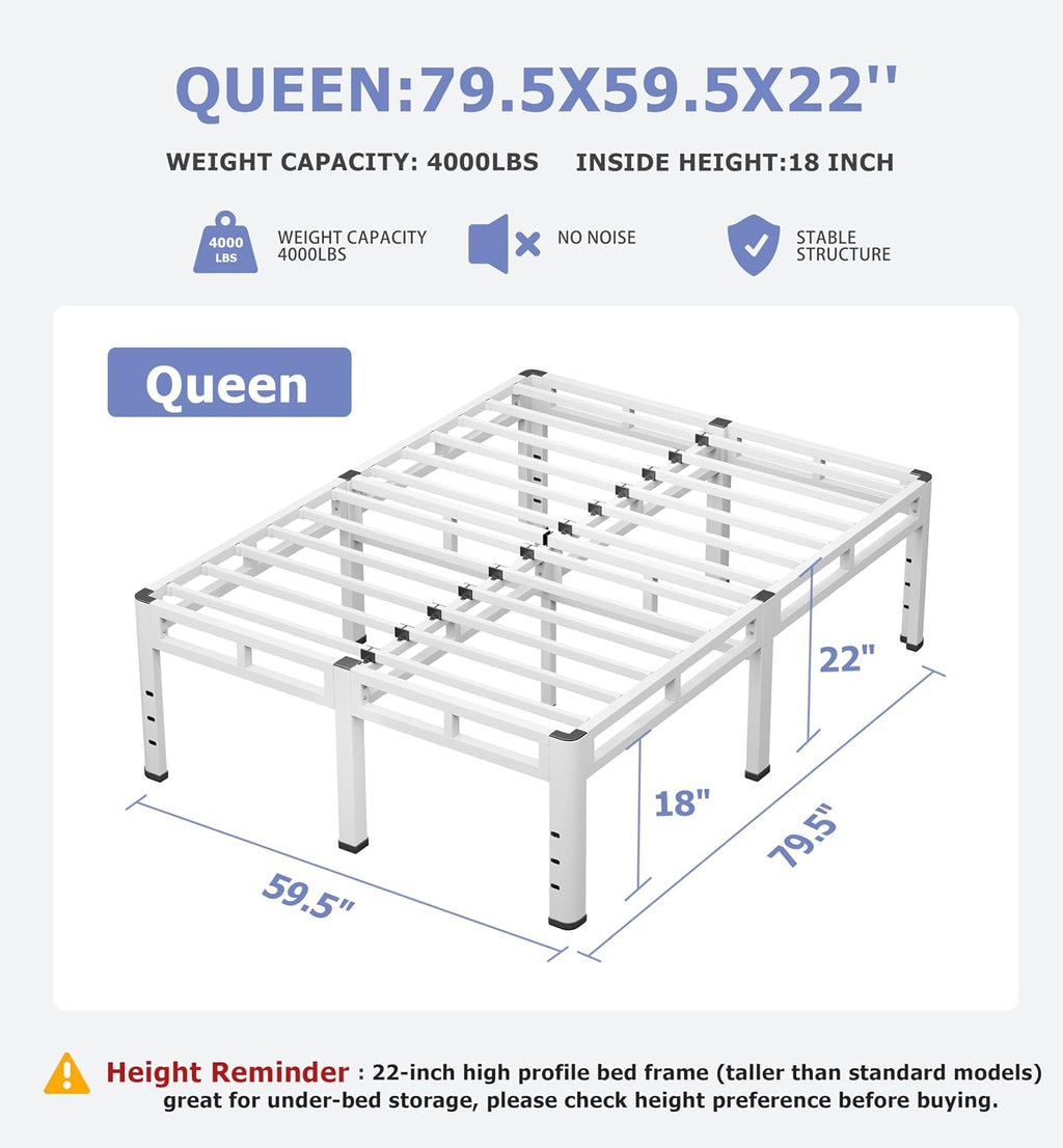 NKZ 22 Inch Queen Size Bed Frame, Metal Bed Frame & Box Spring 2 in 1 Platform with Round Corner Legs, 4000Lbs Heavy Duty Metal Frame, Mattress Slide Stopper, Headboard Hole, Noise-Free, Easy Assembly
