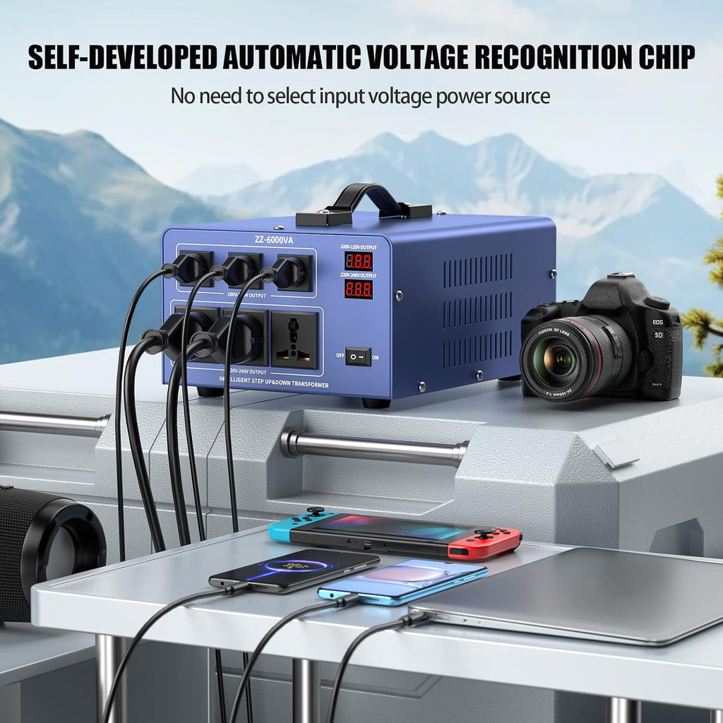 6000W Voltage Converter Auto Transformer,110/120/220/240V Heavy Duty Step Up/Down Power Converter Transformer with 3 US Outlets,3 Universal Outlets, LCD Display,Resettable Circuit Breaker Protection