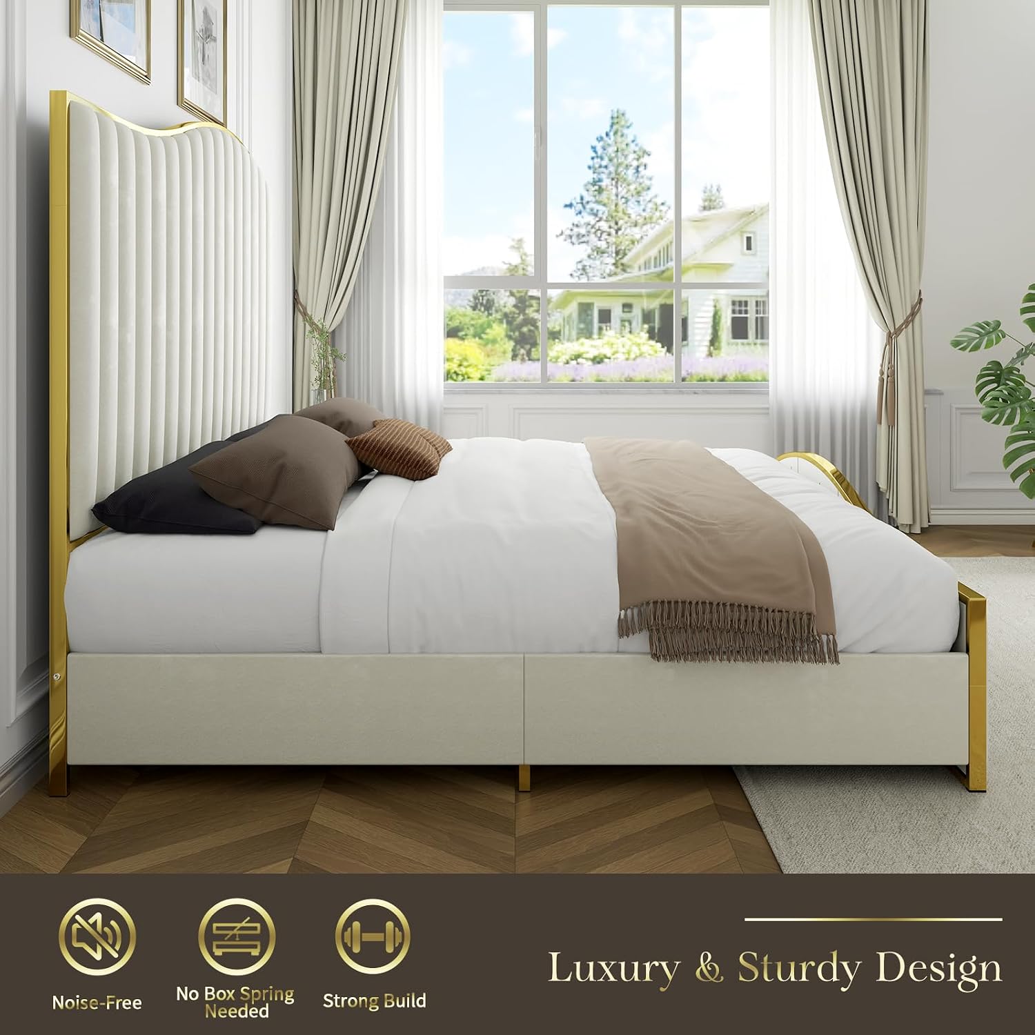 HOWE Queen Size Harp Bed Frame with 61.4' Extra Tall Curved Headboard, Velvet Upholstered Platform Bed with Gold Trim Accented Footboard, No Box Spring Needed, Wooden Slat Support, Cream