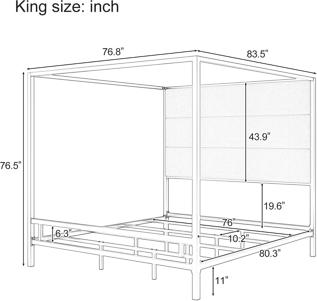 King Size Metal Canopy Bed Frame, Canopy Bed with Tall Linen Fabric Upholstered Headboard, Box Spring Needed, Gold+Tan