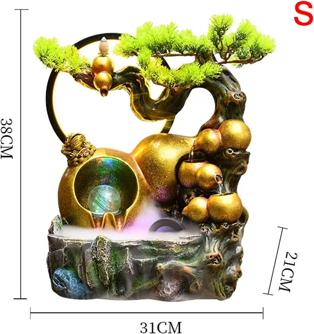 Tabletop Fountain Tabletop Water Fountain Resin Relaxation Meditation Desktop with Golden Gourd and Artificial Bonsai Design, Indoor Waterfall Feature for Home Office Decor(Small)
