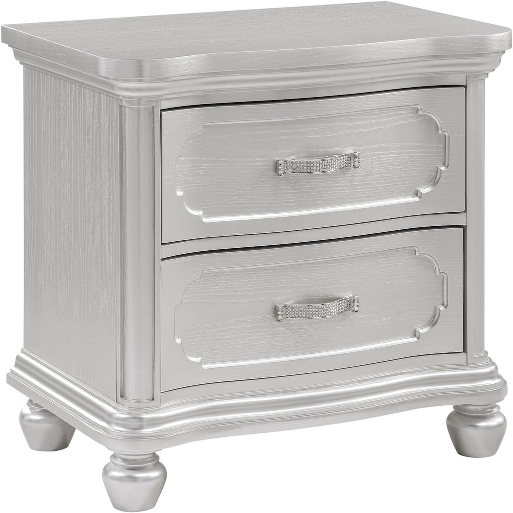 First of a Kind Roma Silver Finish Traditional 4 Piece King Bedroom Set with Upholstered Tufted Headboard Classic European Style Coordinated Furniture Collection