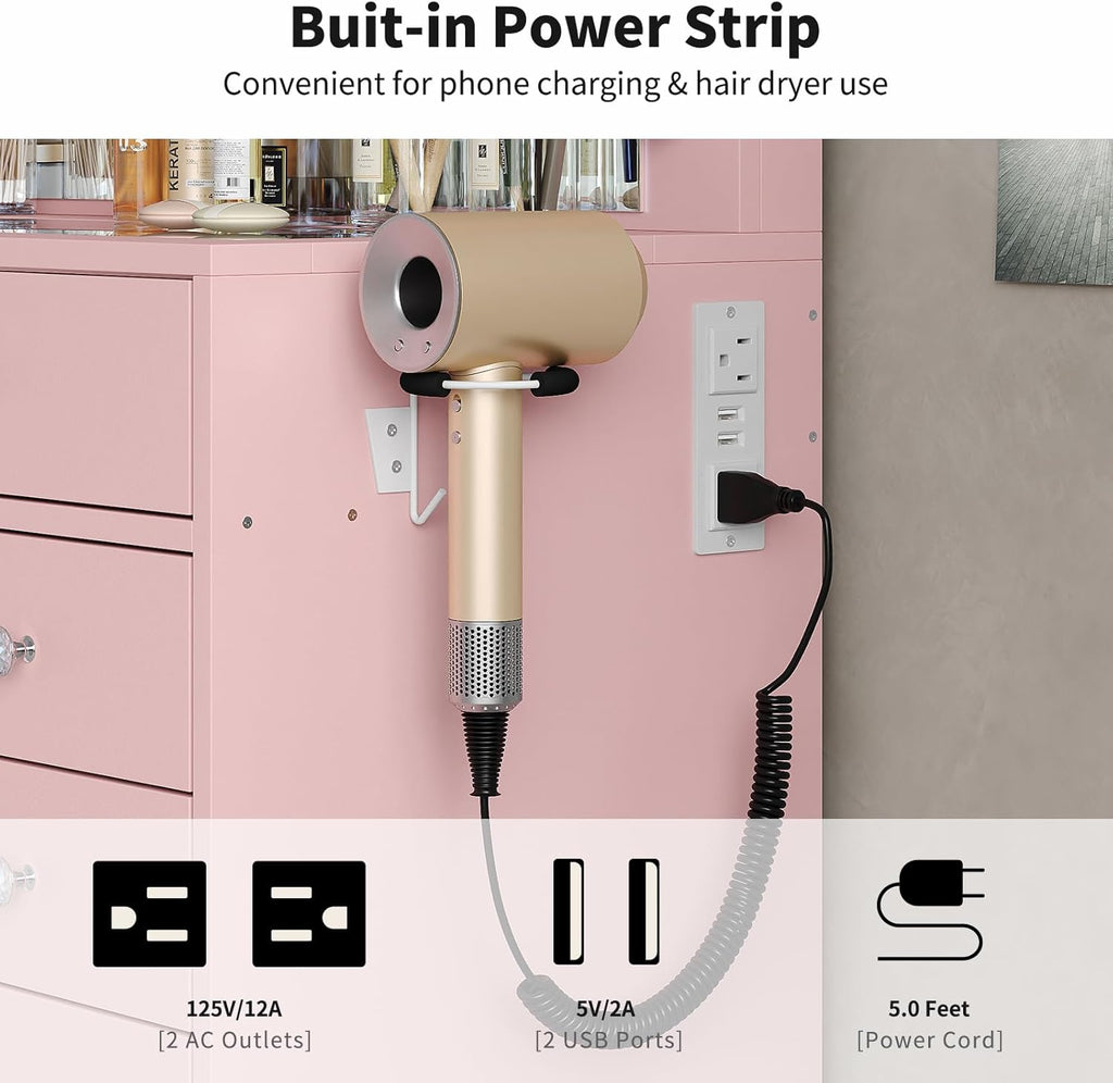 FUSOU 13 Drawers Vanity Desk, 47''W Makeup Vanity with Power Outlet, Vanity Table with Mirror and 12 LED Bulbs, 3 Color Lighting Modes, Glass Top, Dressing Table for Bedroom (Pink)