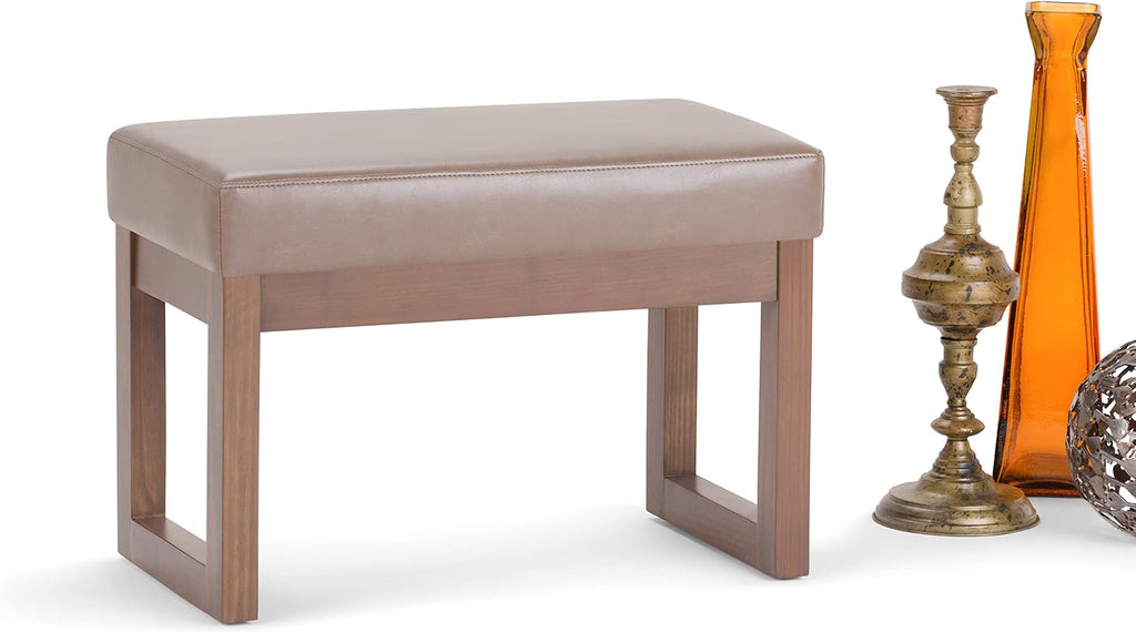 SIMPLIHOME Milltown Small Ottoman Bench - 27' Wide x 18' High Upholstered Vegan Leather Rectangle Footstool Ottoman in Ash Blonde, Contemporary Bench for Living Room with Cushioned Seat, Assembled