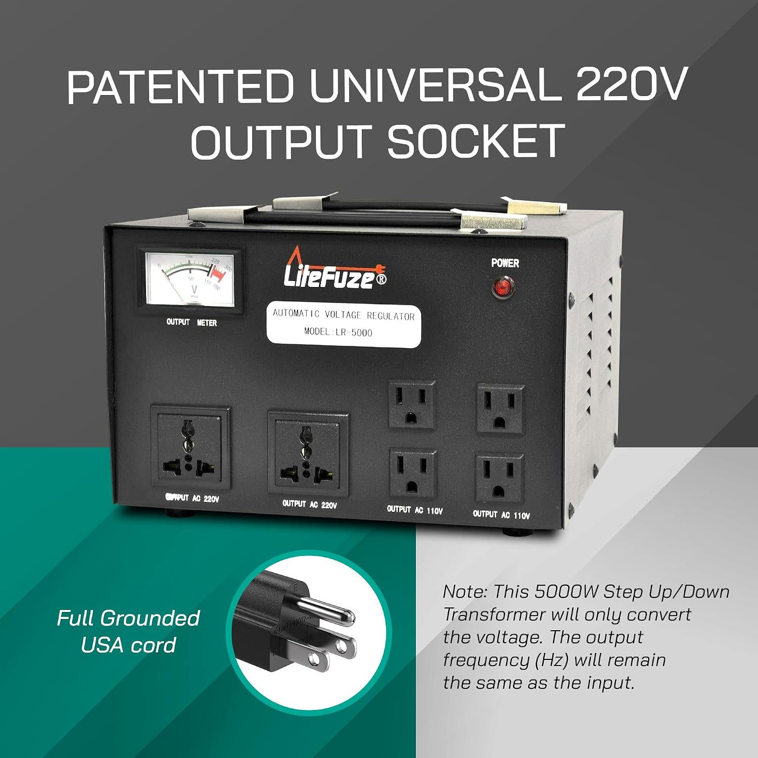 LiteFuze 5000 Watt Voltage Transformer Converter with Builtin Regulator - Step Up/Down - 110V/220V - Circuit Breaker Protection [5-Years Warranty]