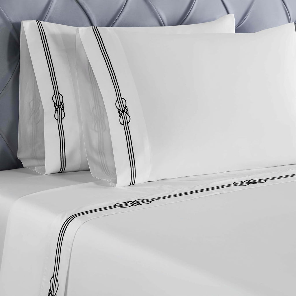 Superior Embroidered Cotton Bed Sheet Set, 1 Elastic Deep Pocket Fitted Sheet, 1 Flat Sheet, 2 Pillowcases, Daily Soft Sheets, Luxury, Elegant Design, Moonlawn Collection, King Size, White/Black