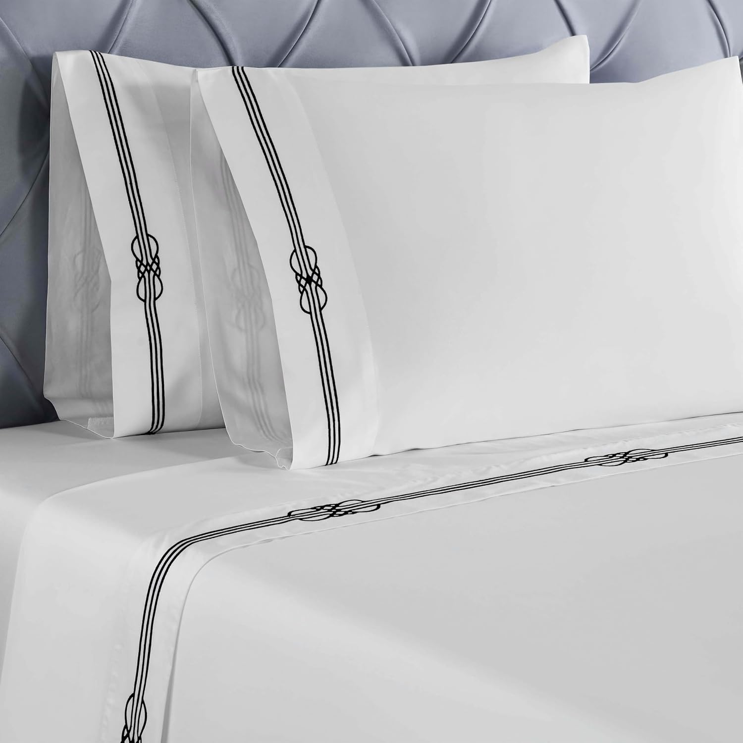 Superior Embroidered Cotton Bed Sheet Set, 1 Elastic Deep Pocket Fitted Sheet, 1 Flat Sheet, 2 Pillowcases, Daily Soft Sheets, Luxury, Elegant Design, Moonlawn Collection, King Size, White/Black