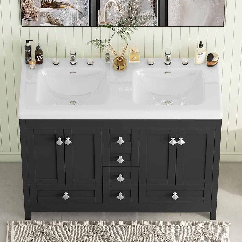 Bathroom Vanities with Sink Combo, 48' Modern Double Bathroom Vanity with 4 Doors & 5 Drawers, Freestanding White Bathroom Cabinet with Double Ceramic Sink, Black