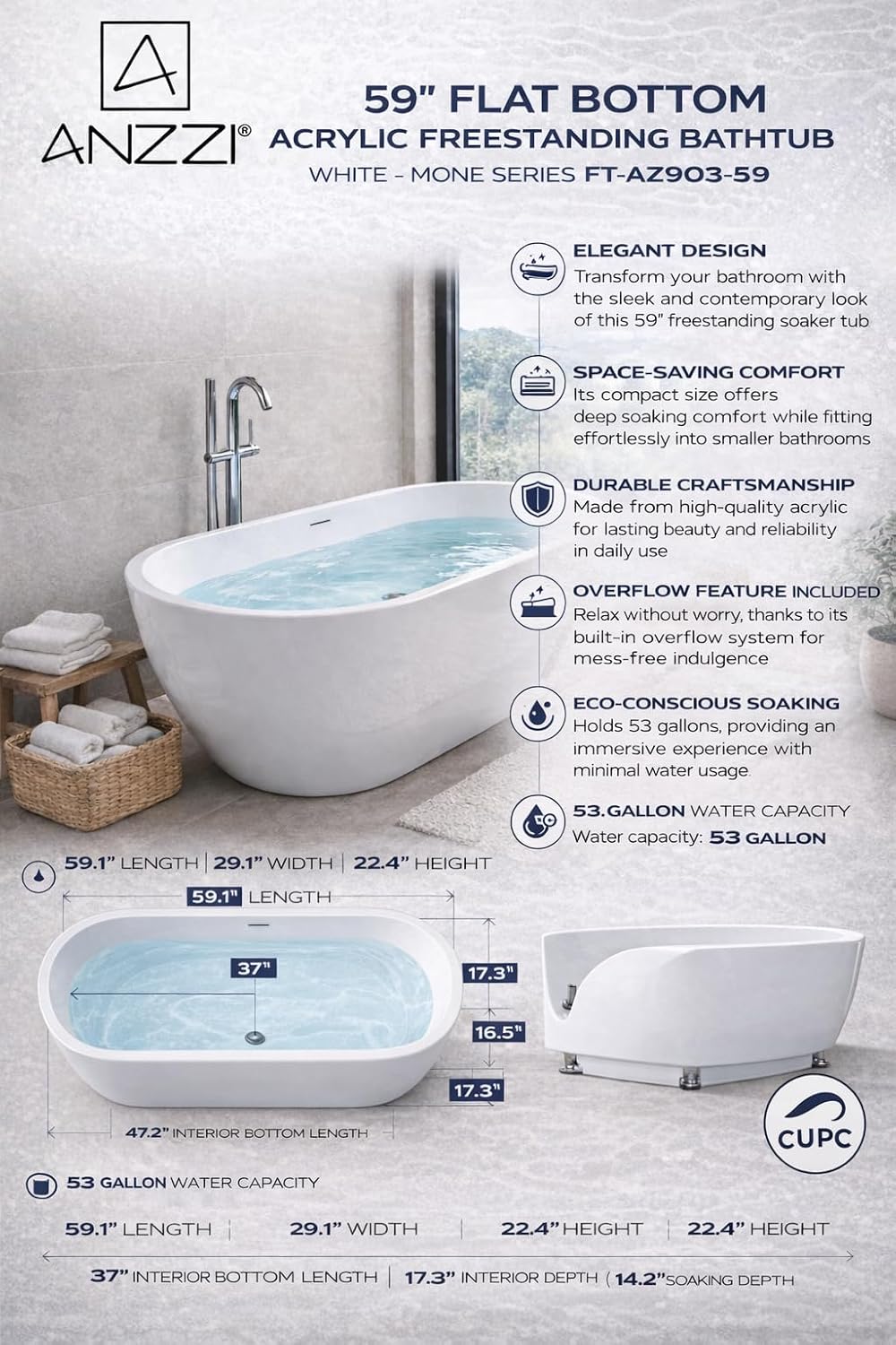 ANZZI Freestanding Bathtub Acrylic 59 In Flat Bottom Soaking Tub White Mone Series Compact Design Built In Overflow 53 Gal Capacity Modern Bathroom Fixture AMZFT903-59 | SKU Glossy Finish Deep Soak