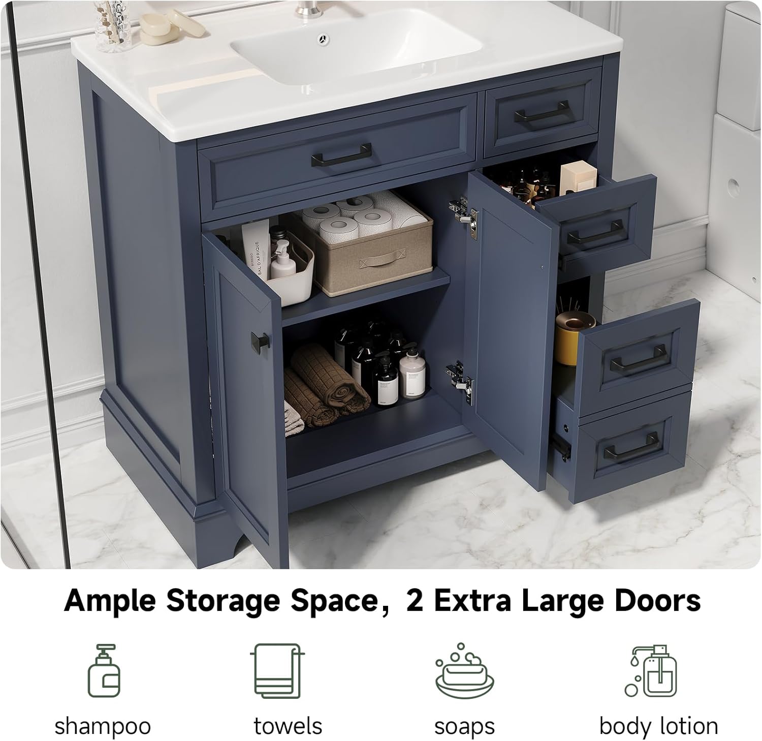 ONBRILL 36' Luxurious Bathroom Vanity with Ceramic Sink, Modern Freestanding Bathroom Single Sink Vanities Cabinet with 2 Soft Closing Doors & 2 Drawers, Adjustable Shelf & Paint Surface (Blue)
