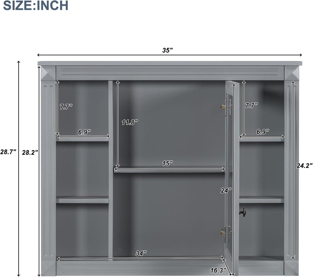 Merax Medicine Cabinet with Mirror, Wall Mount Bathroom Cabinet 35' x 28' Over Toilet Storage Cabinet Organizer with Door and Open Shelves, Mirrored Bathroom Wall Cabinet