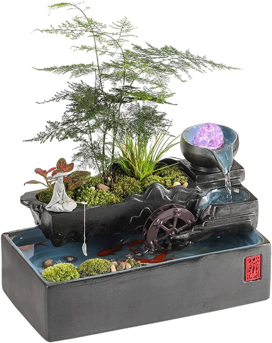 Ceramic Tabletop Fountain Relaxing Indoor Water Fountain w/Crystal Ball & Atomizer Small Fish Tank Water Feature for Desk