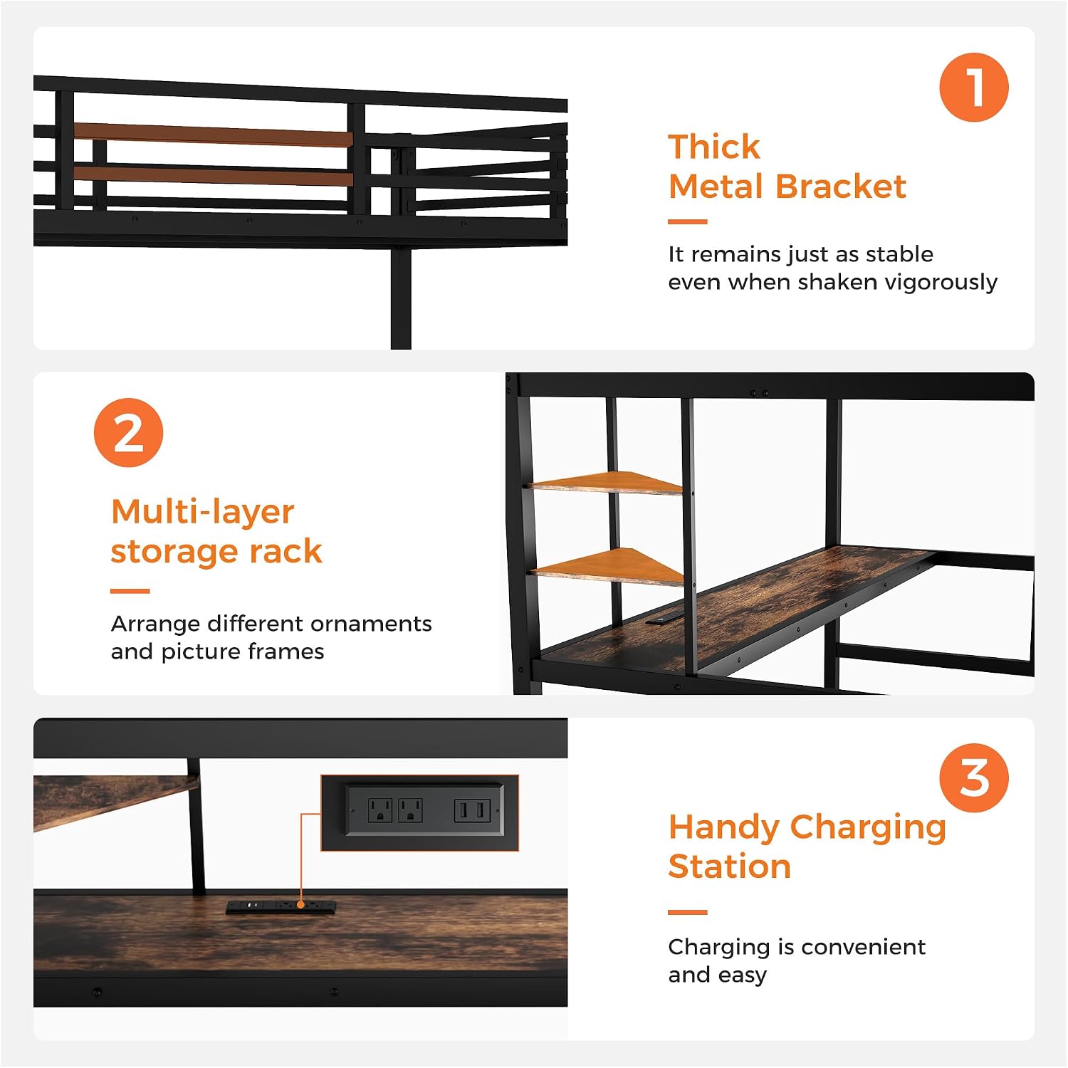 Twin XL Size Metal Loft Bed with Desk, LED Lights & USB Charging Station, Sturdy Noise-Free High Loft Bed Frame with Safety Guardrails, Space-Saving Loft Bedframe for Kids, Teens, Black (Twin XL)