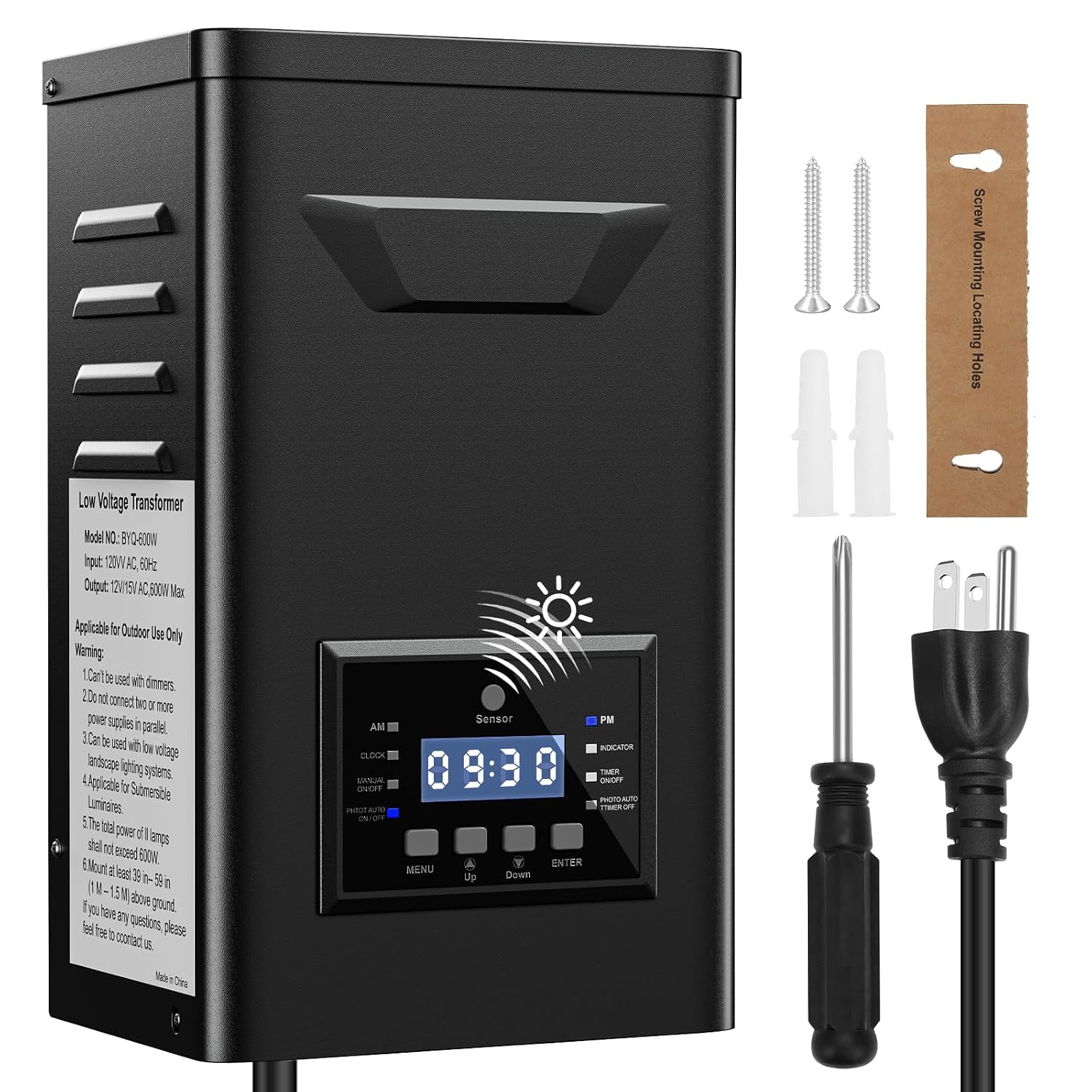 600W Low Voltage Landscape Transformer with Timer & Photocell for Landscape Lighting, 120V to 12V/15VAC, Stainless Steel, Weatherproof for Outdoor Landscape Lights,Yard Lights,Garden Lights