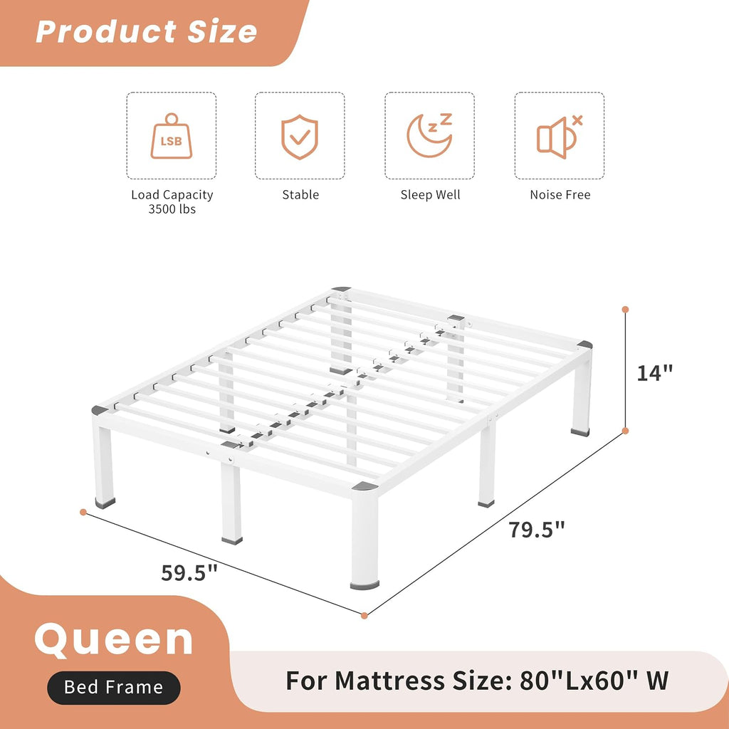 VIPSHOW 14 Inch White Queen Heavy Duty 3500 lbs Bed Frame with Round-Corner Legs & Anti-Squeak Design – Quick Assembly Metal Platform, No Box Spring Needed