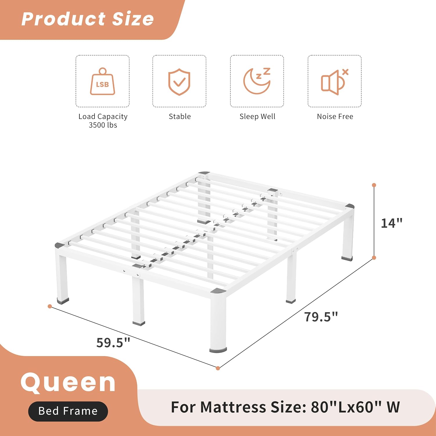 VIPSHOW 14 Inch White Queen Heavy Duty 3500 lbs Bed Frame with Round-Corner Legs & Anti-Squeak Design – Quick Assembly Metal Platform, No Box Spring Needed