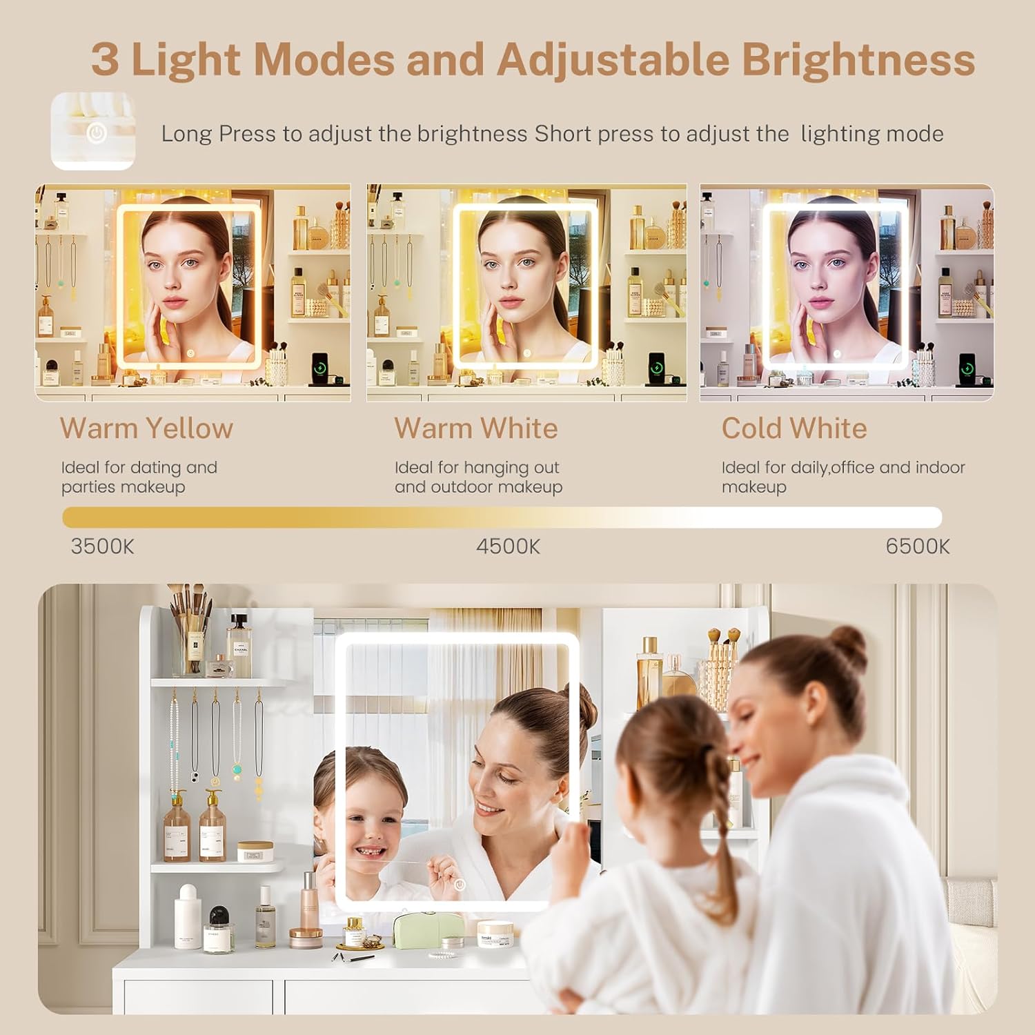 Quimoo Large Vanity Desk with LED Lighted Mirror & Power Outlet, Makeup Vanity Table with 7 Drawers,4 Shelves and 5 Hooks, White Vanity for Bedroom, Bathroom