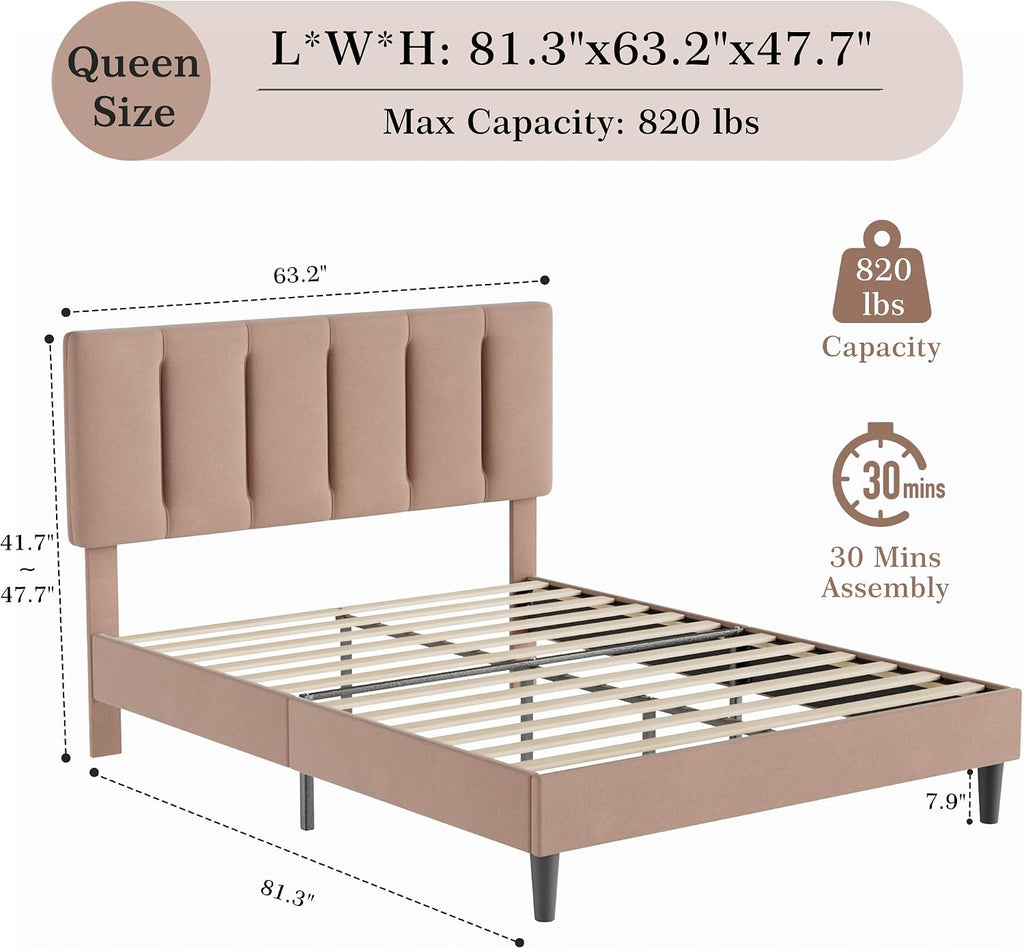 VECELO Queen Size Bed Frame with Upholstered Headboard, Heavy-Duty Bedframe with Wooden Slats & Steel Framework, Easy Assembly, Coffee