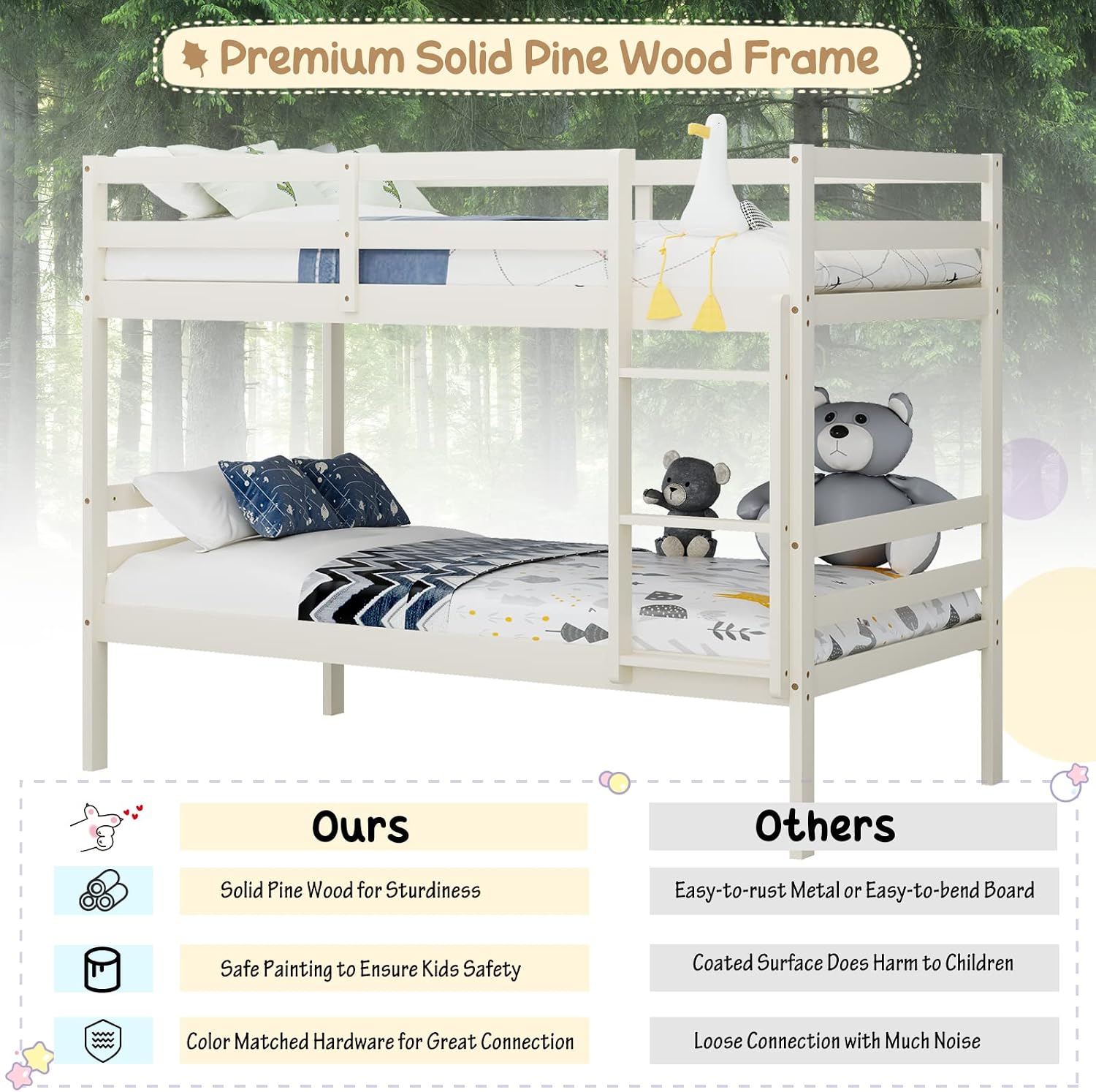 KOMFOTT Wood Bunk Bed Twin Over Twin, Bunk Bed with Ladder & Safety Guardrail, Solid Wood Bed Frame, Ideal for Dormitory & Multiple-Child Family, No Box Spring Needed, Kids Bed Frame