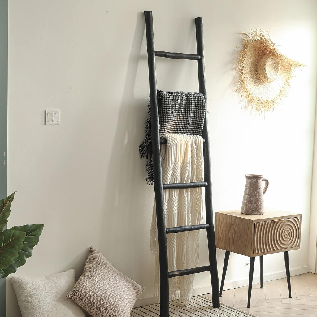 FUIN Fully Assembled 6ft Wood Blanket Ladder Living Room Decorative Wall Leaning Farmhouse Quilt Display Holder Rustic Wooden Towel Rack for Bathroom, Black