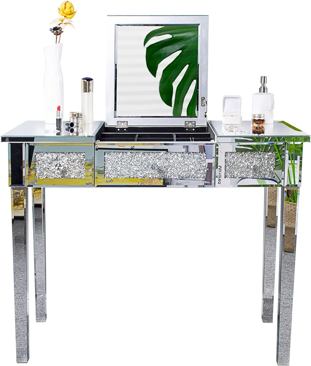 VINGLI Silver Mirrored Vanity Desk, Glass Vanity w/Drawers and Flip Mirror, Bling Mirror Vanity Desk for Women Girls Bedroom, Makeup Room & Office Writing Desk