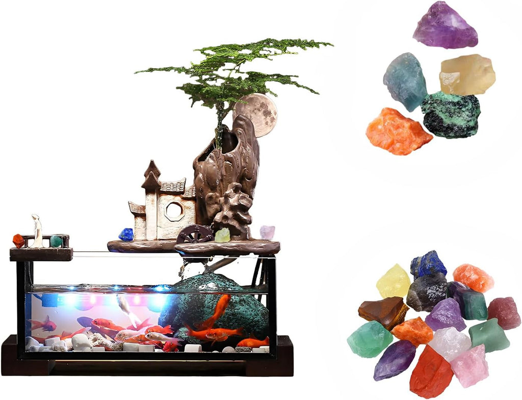 Desktop Ceramic Water Fountain Fish Tank - Adjustable Water Flow with LED Lights | Indoor Decoration Fortune Gifts+15 PCS Free Crystals (Style 4)