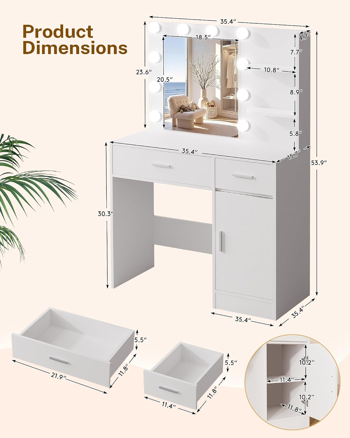 LIVELYGLOW White Makeup Vanity with 10 Hollywood Light Bulbs, 35.4' Wide Dressing Table with Large Mirror & Dimming Function, Small Space Vanity Desk with 2 Drawers, Storage Cabinet & Shelves