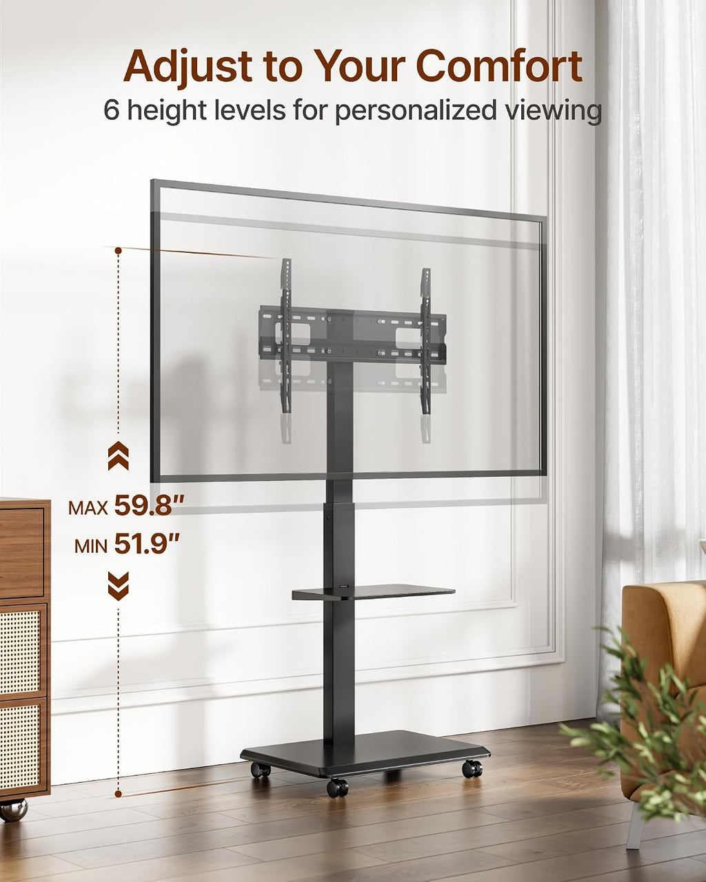 Steel Base Rolling TV Stand with Power Outlet for 32-75 inch TVs up to 110 lbs, Leveling & Tilt & Swivel Mobile TV Stand with Hidden Wire Management, Height Adjustable Portable Tv Stand, Black