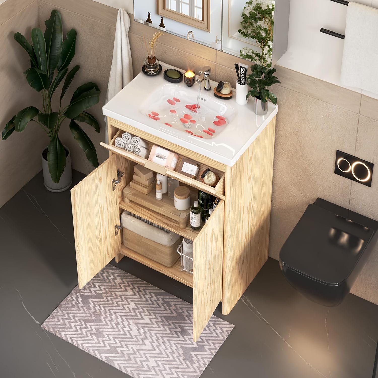 24'' Bathroom Vanity with Ceramic Single Sink Combo, Small Freestanding Bathroom Storage Vanity Cabinet with Drawer & Cabinet, Metal Handle，Natural Oak