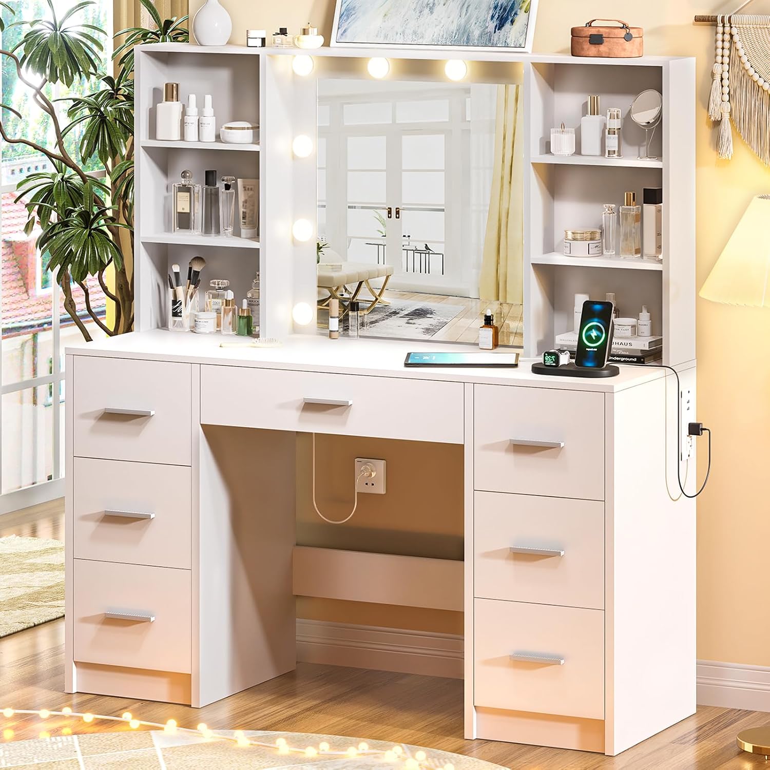 DINGIPP Makeup Vanity Desk with Mirror,10 Lights and Power Strip,Large Makeup Vanity with Shelves and 7 Drawers, Vanity Desk Dressing Table with 3 Color Adjustable Light,Vanity Table (White)