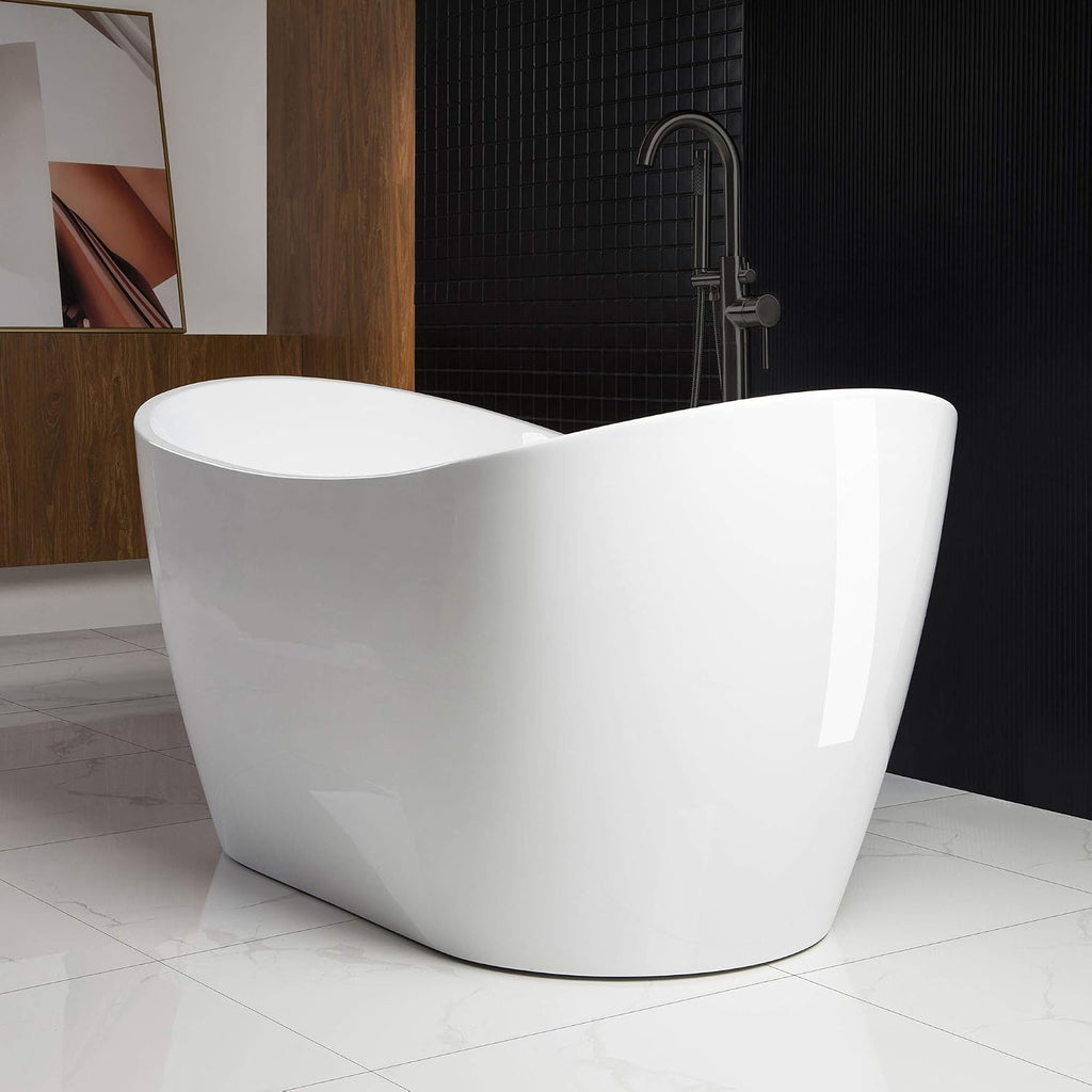 WOODBRIDGE 59' Acrylic Freestanding Bathtub Contemporary Soaking White Tub with Oil Rubbed Bronze Overflow and Drain，B0016 -ORB-Drain &O